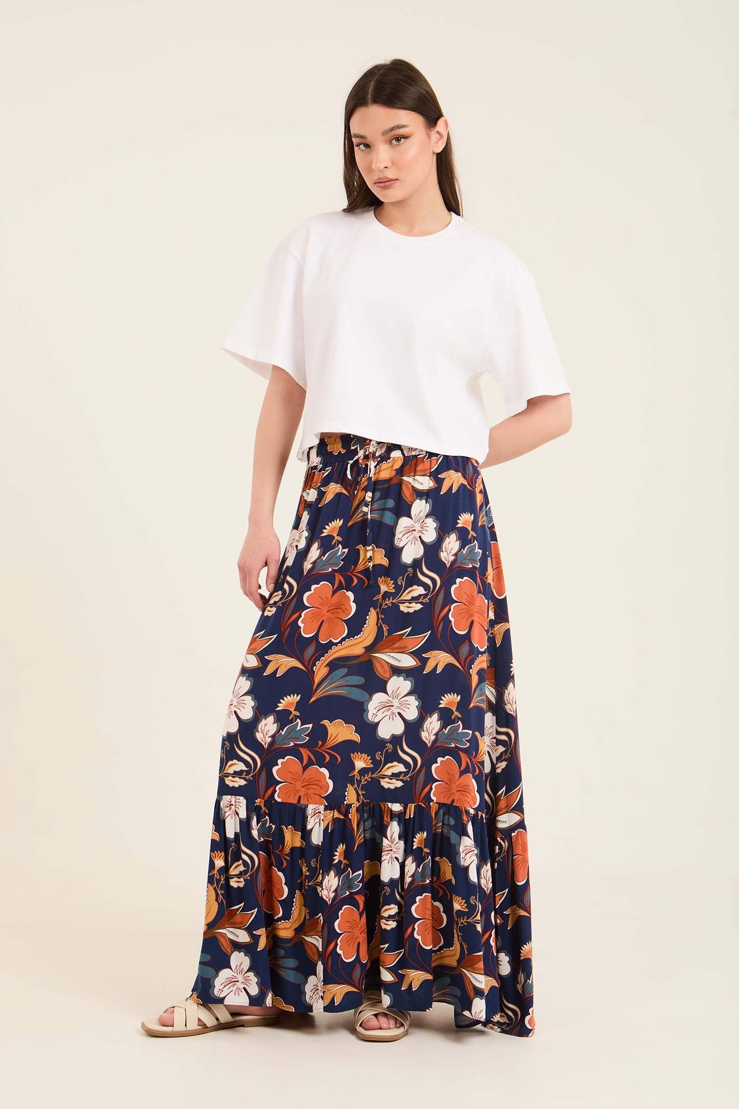 Elastic Waist Slip On Floral Maxi Skirt
