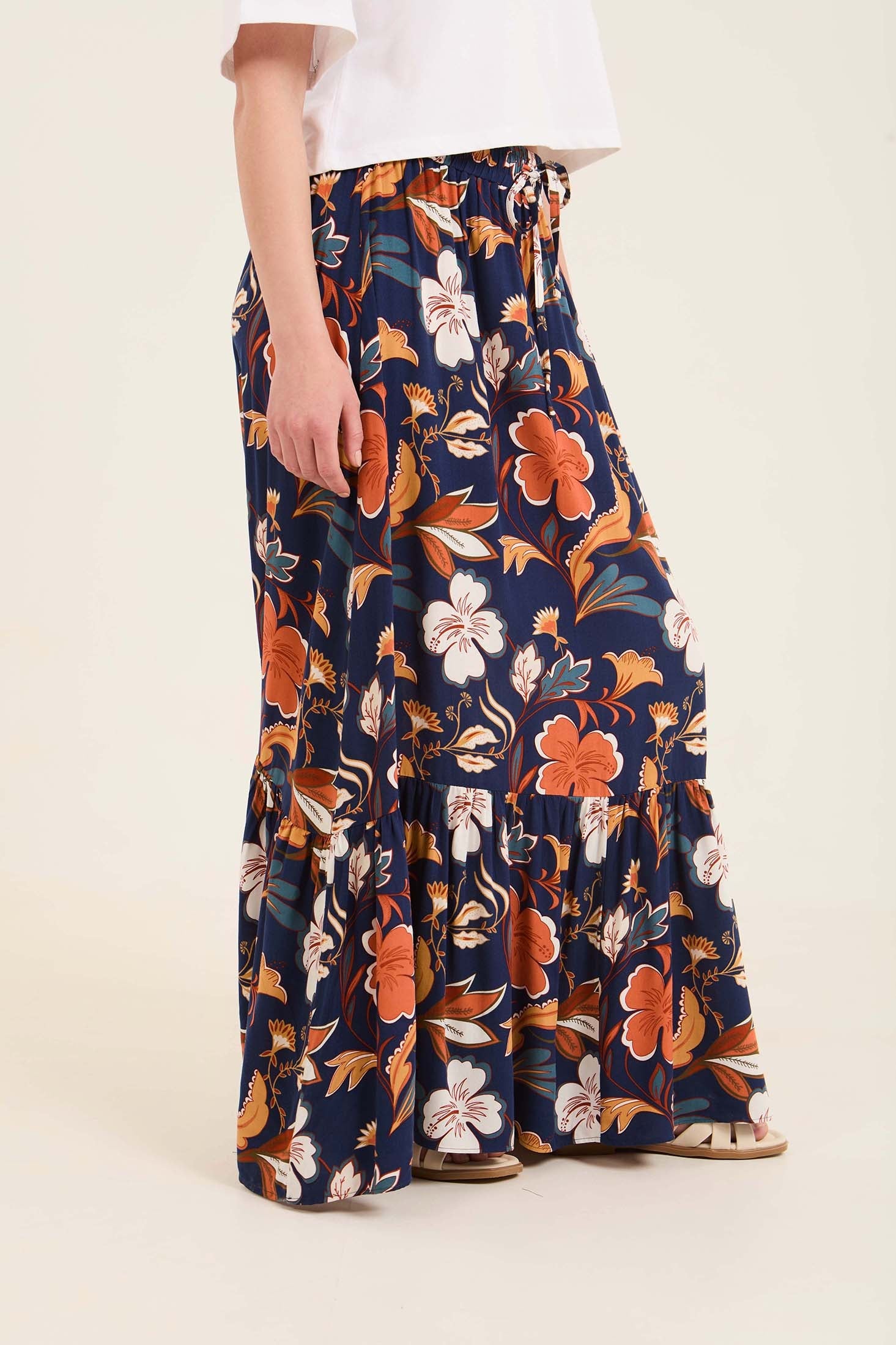 Elastic Waist Slip On Floral Maxi Skirt