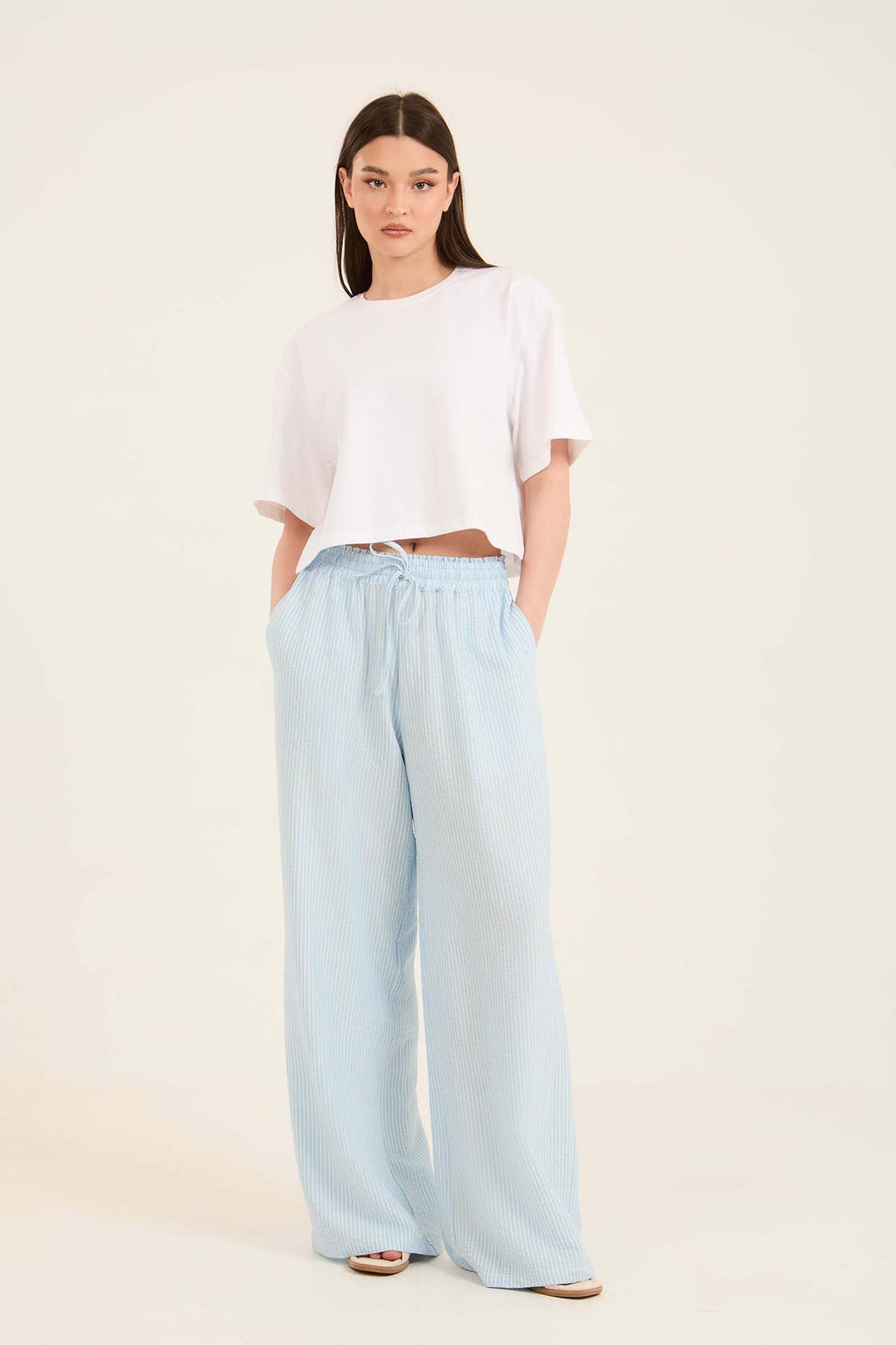 Wide-Leg Striped Pants with Drawstring Waist
