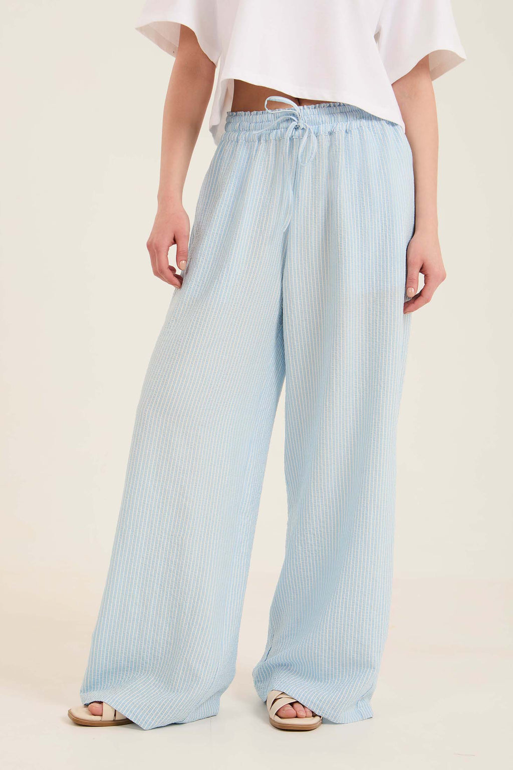 Wide-Leg Striped Pants with Drawstring Waist