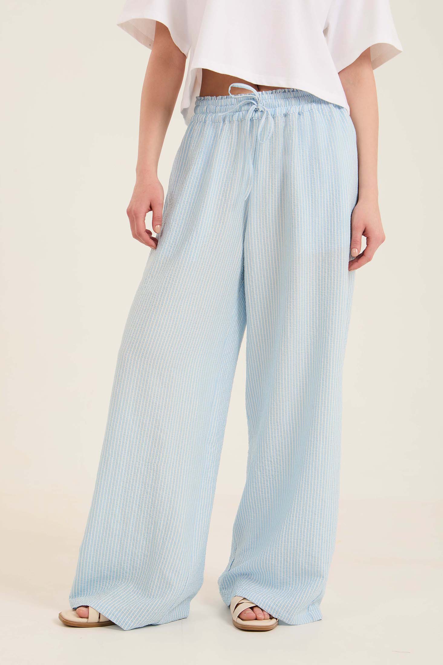 Wide-Leg Striped Pants with Drawstring Waist
