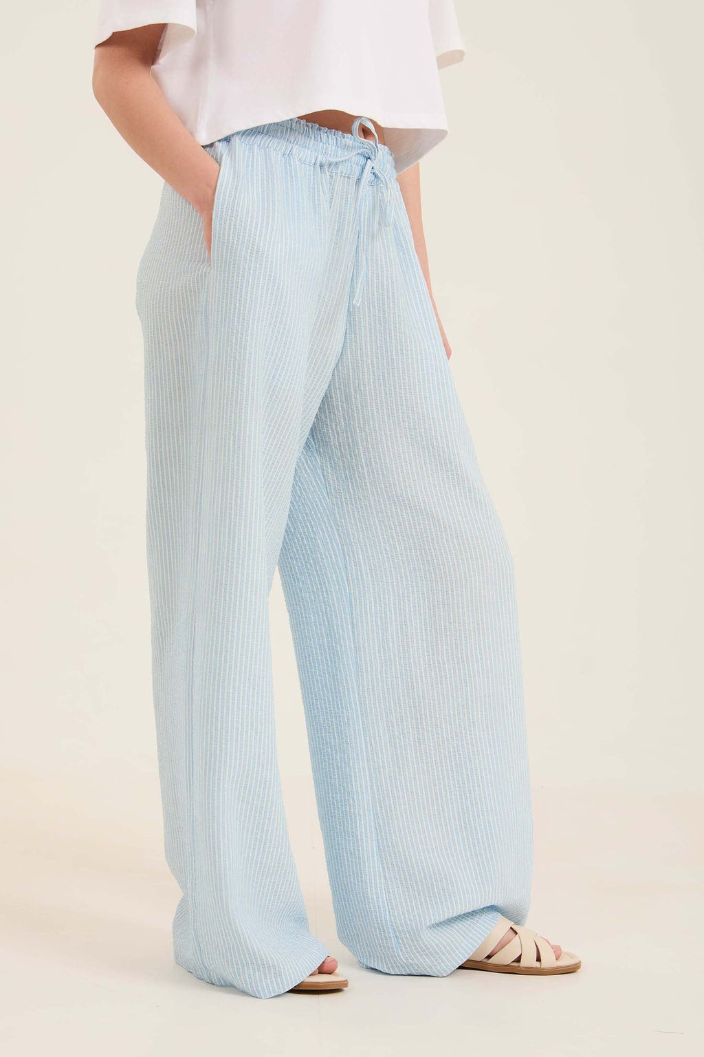 Wide-Leg Striped Pants with Drawstring Waist