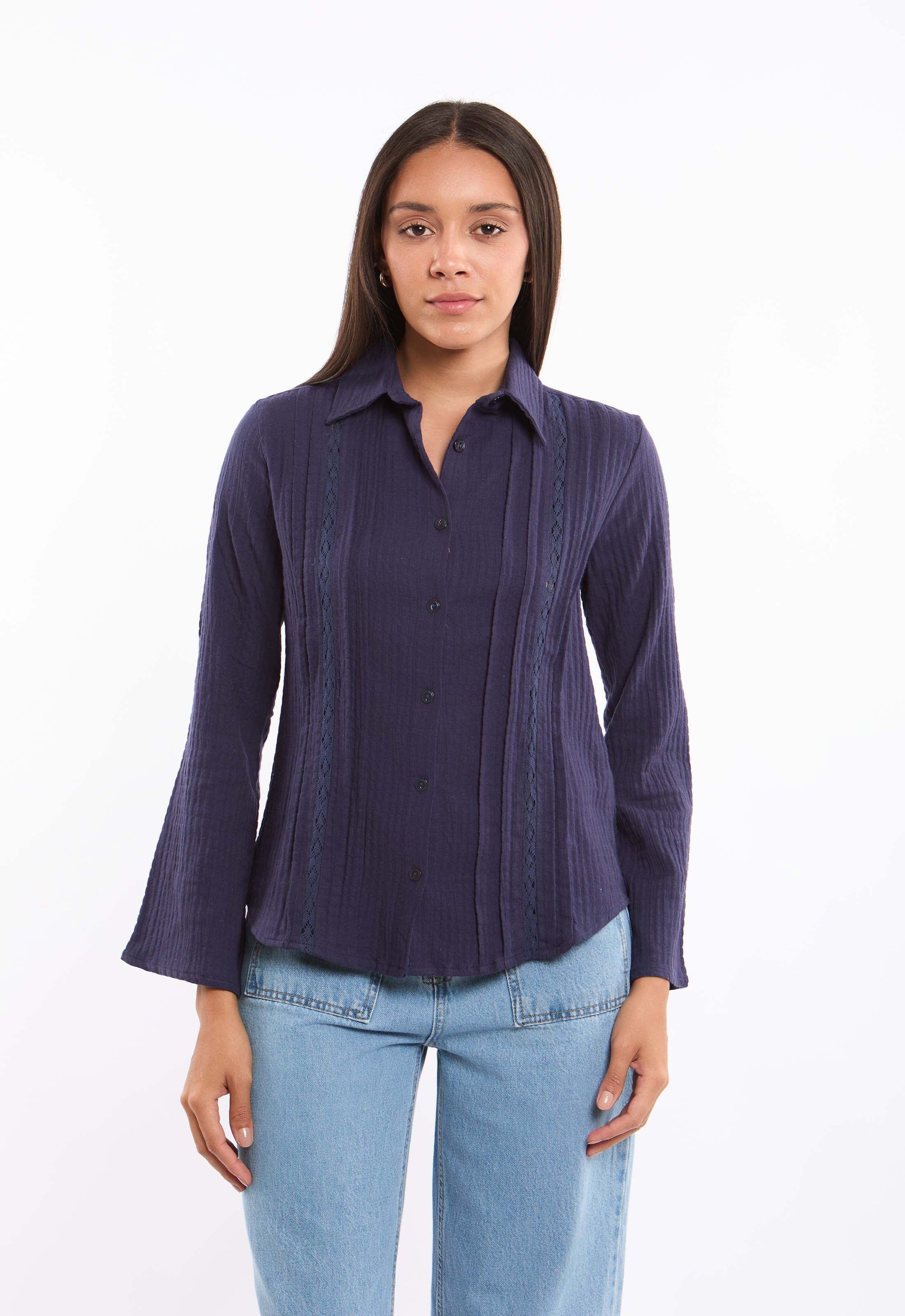 Textured Lace-Trim Cotton Shirt