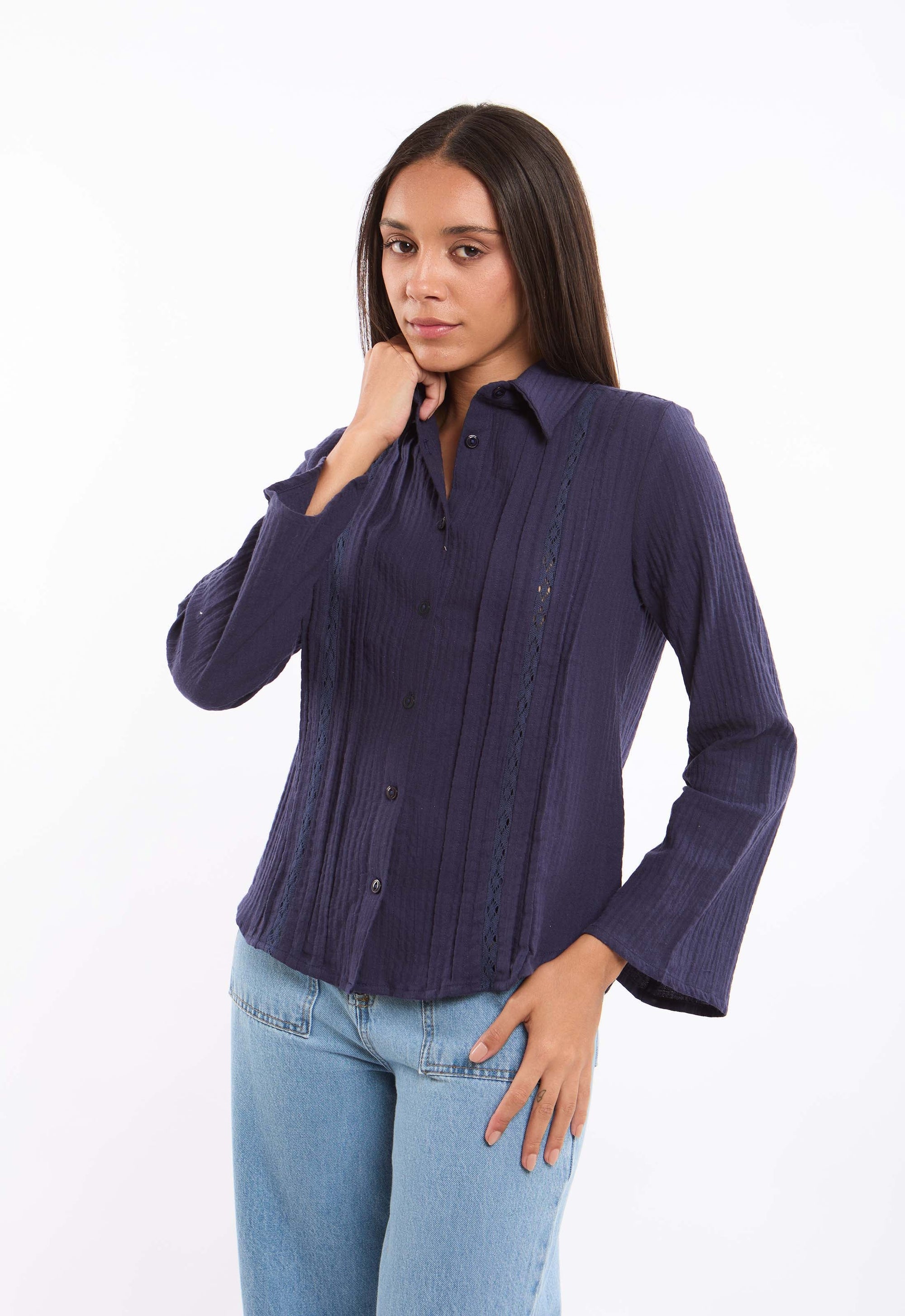 Textured Lace-Trim Cotton Shirt
