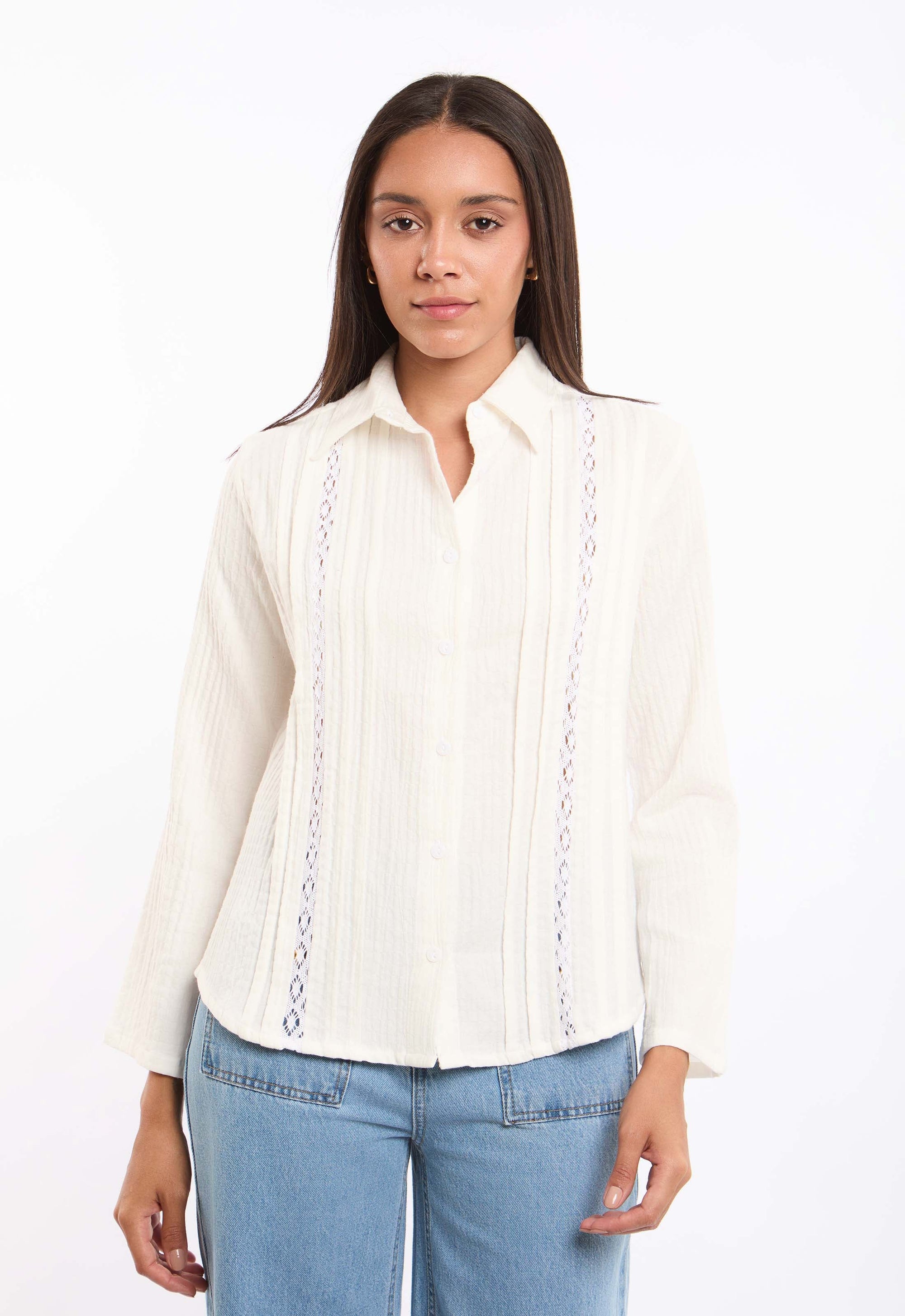 Textured Lace-Trim Cotton Shirt