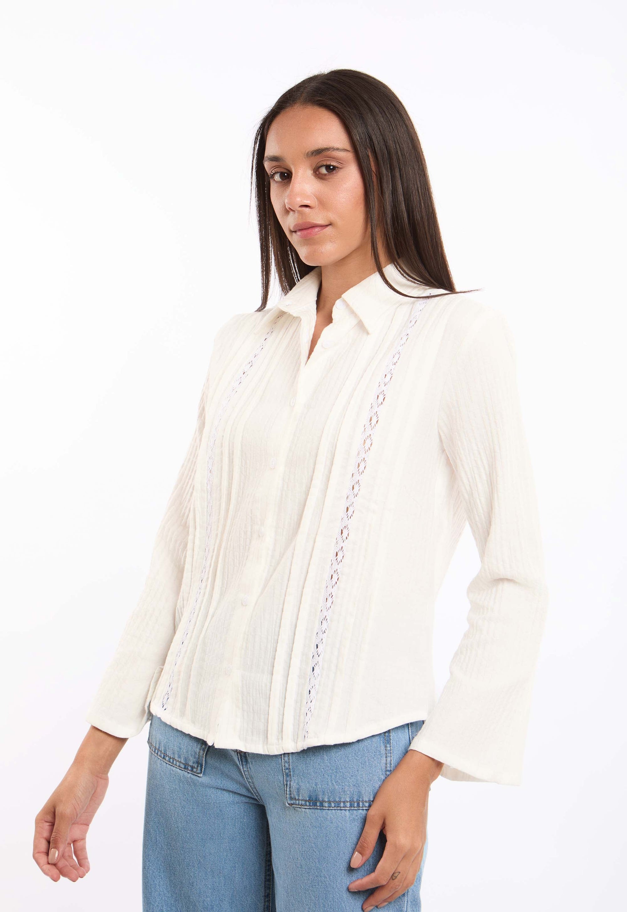Textured Lace-Trim Cotton Shirt