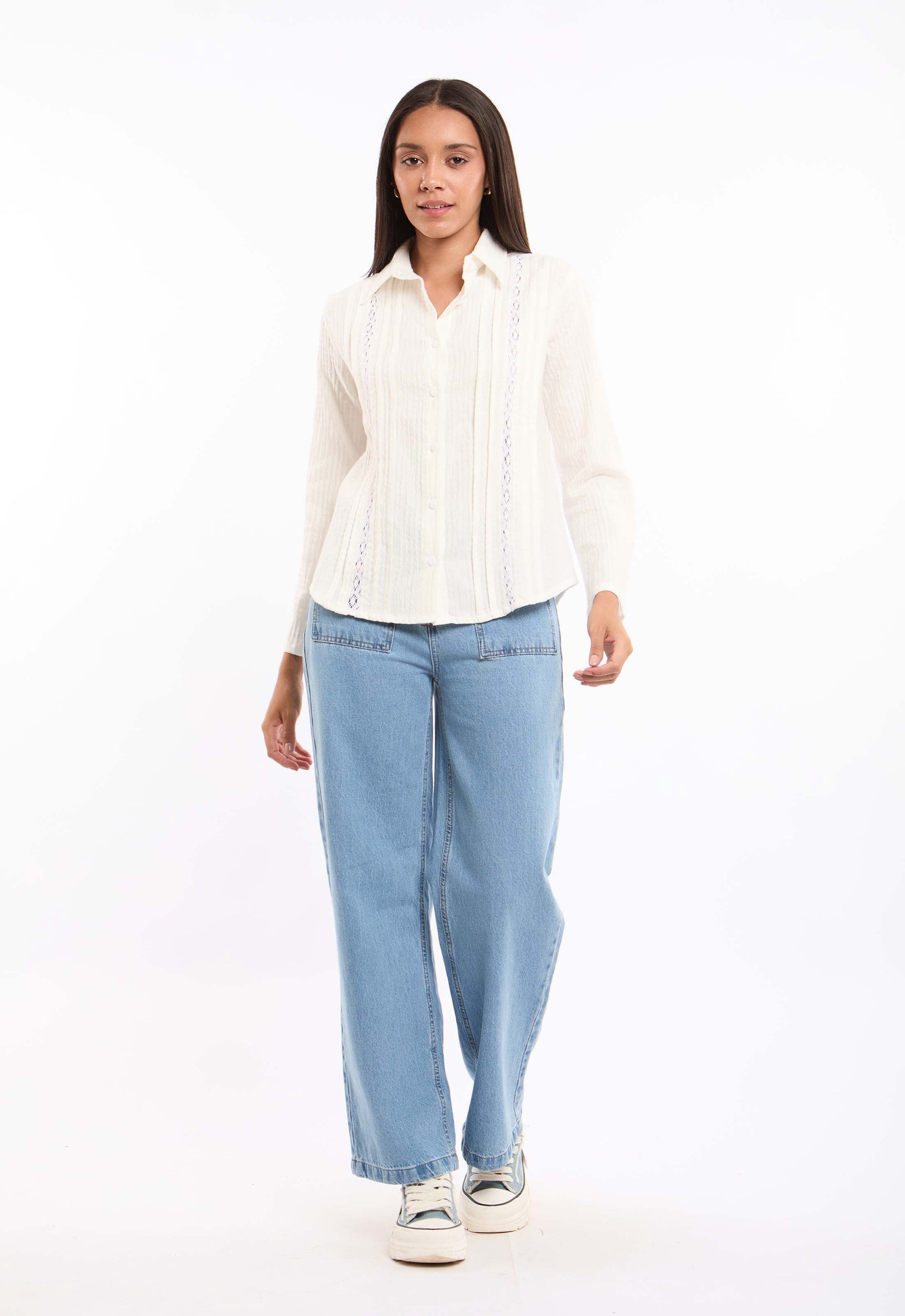 Textured Lace-Trim Cotton Shirt