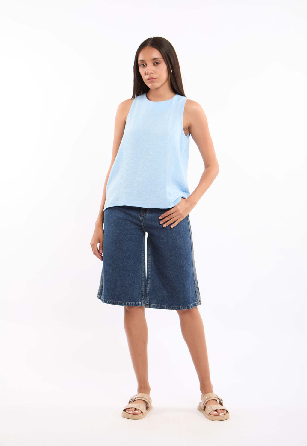 High-Waisted Solid Long Denim Shorts