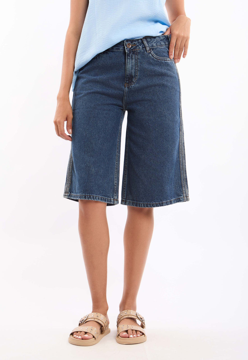 High-Waisted Solid Long Denim Shorts