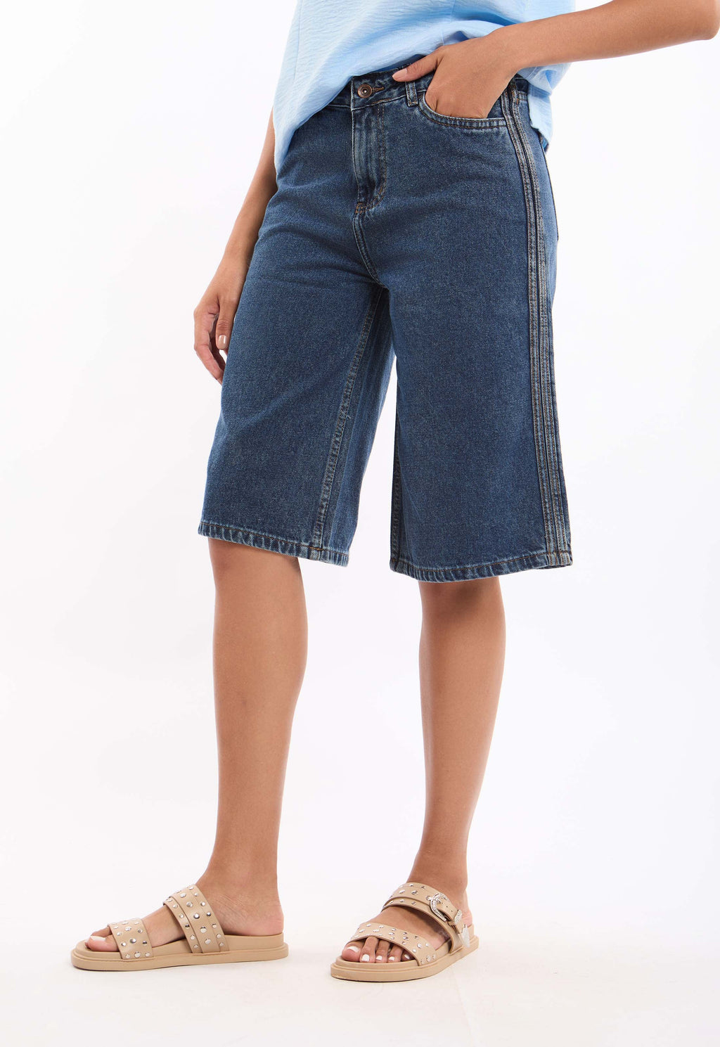 High-Waisted Solid Long Denim Shorts