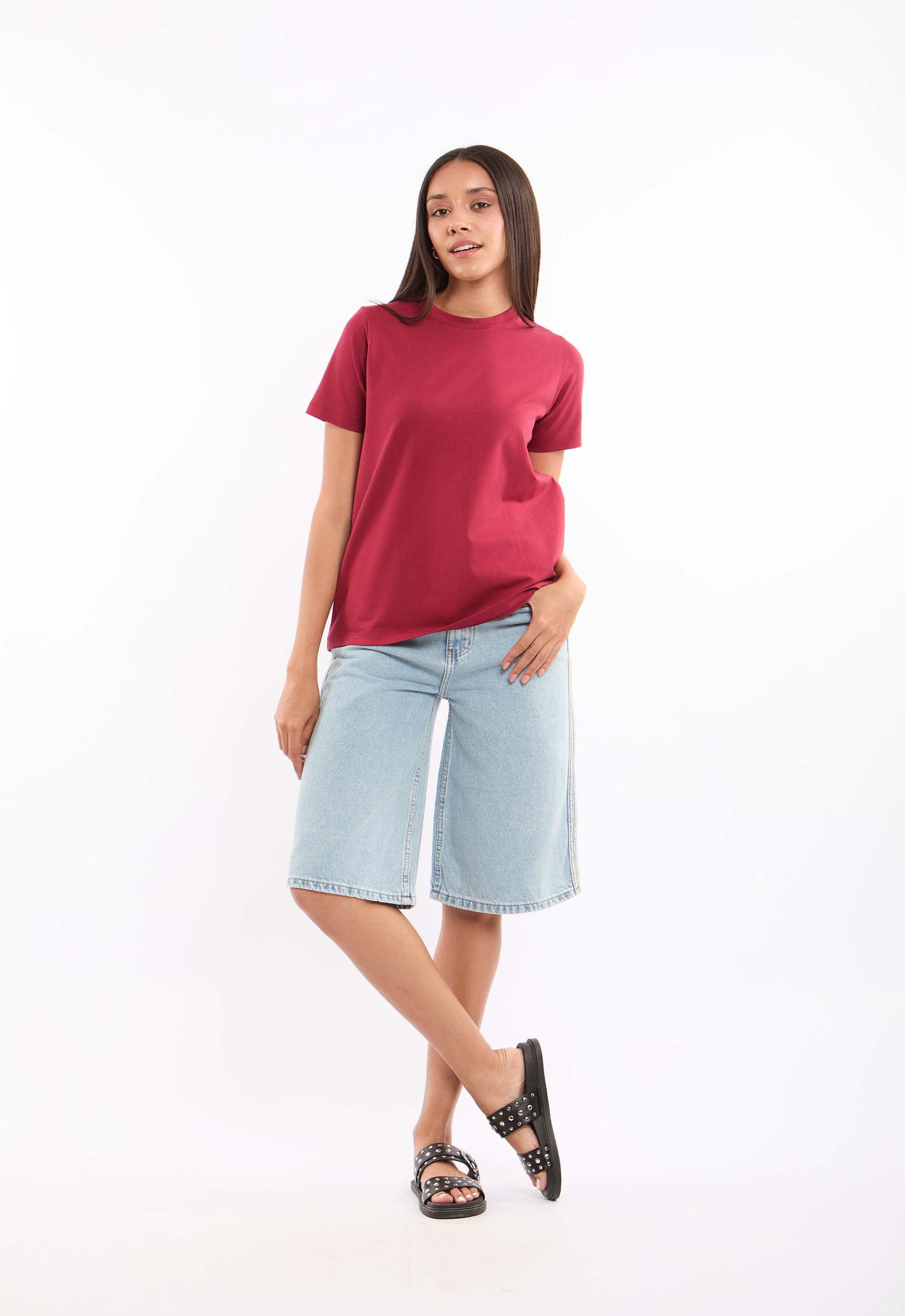 High-Waisted Solid Long Denim Shorts