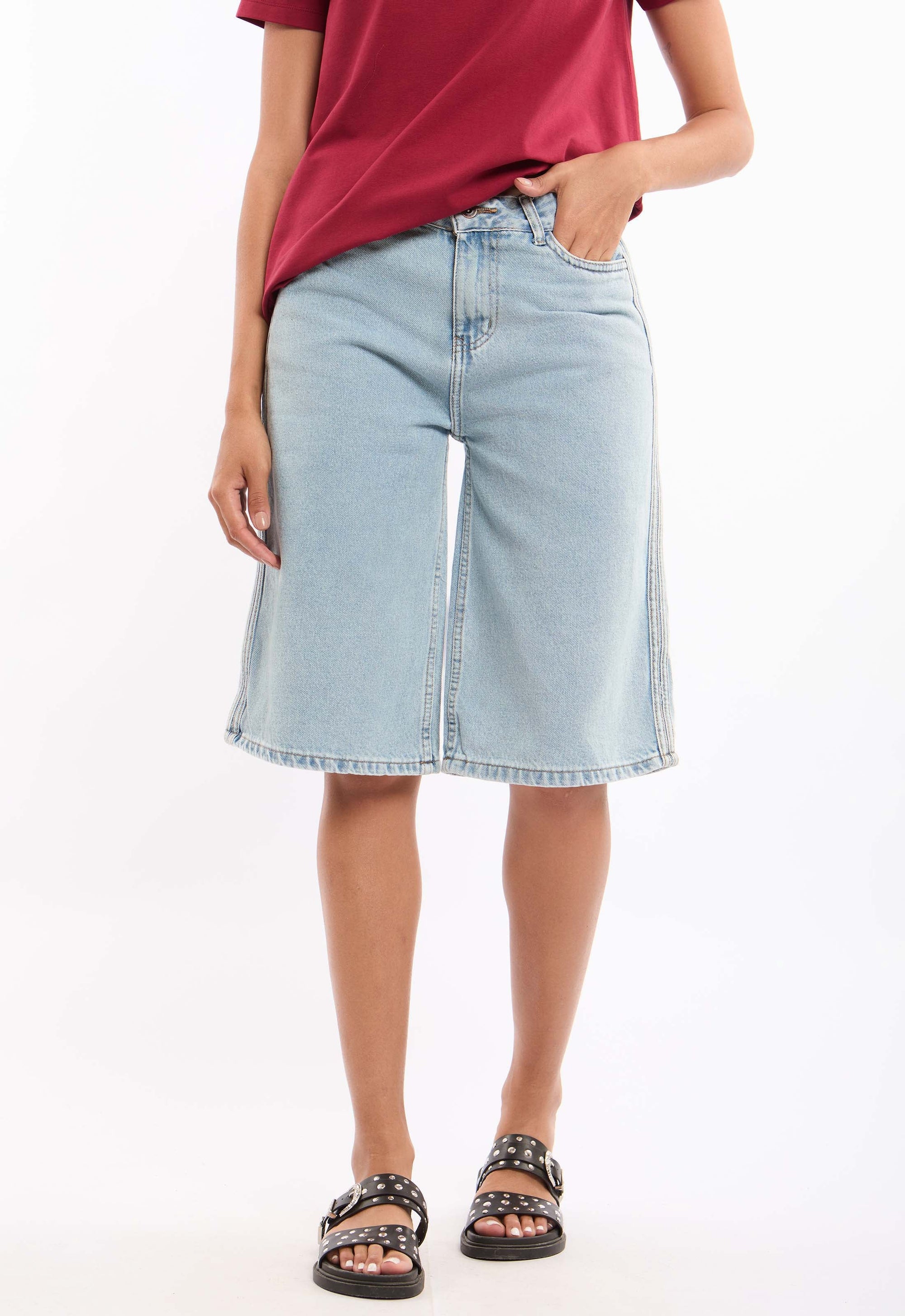 High-Waisted Solid Long Denim Shorts
