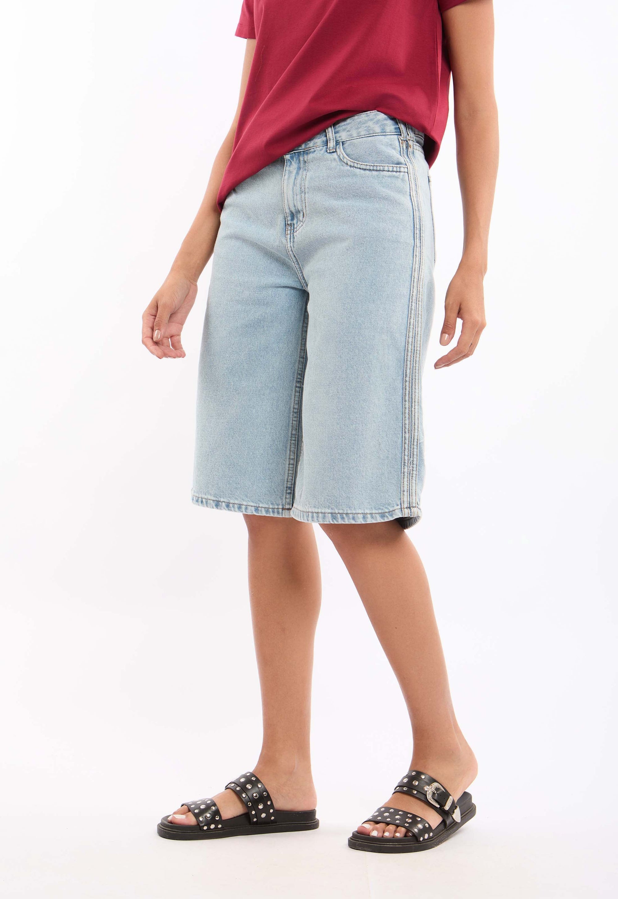 High-Waisted Solid Long Denim Shorts