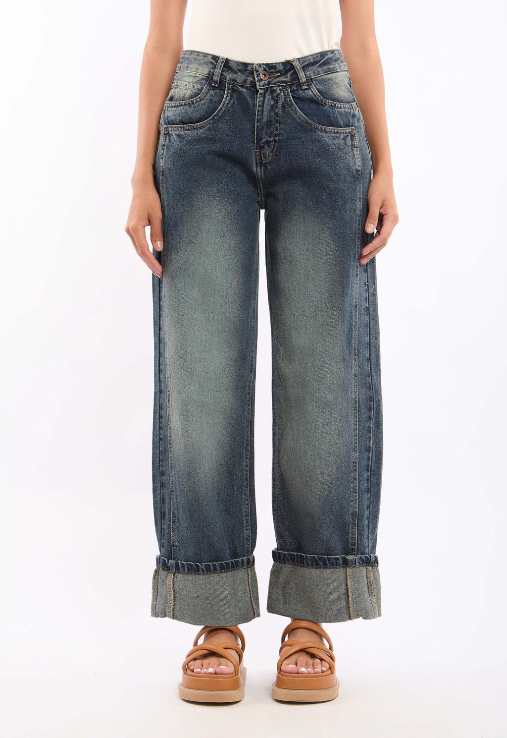 Cuffed Wide Straight Denim Pants with Turned Hem