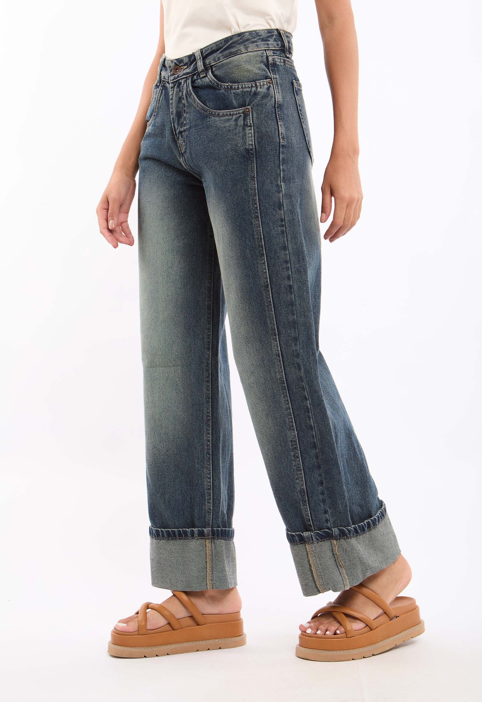 Cuffed Wide Straight Denim Pants with Turned Hem