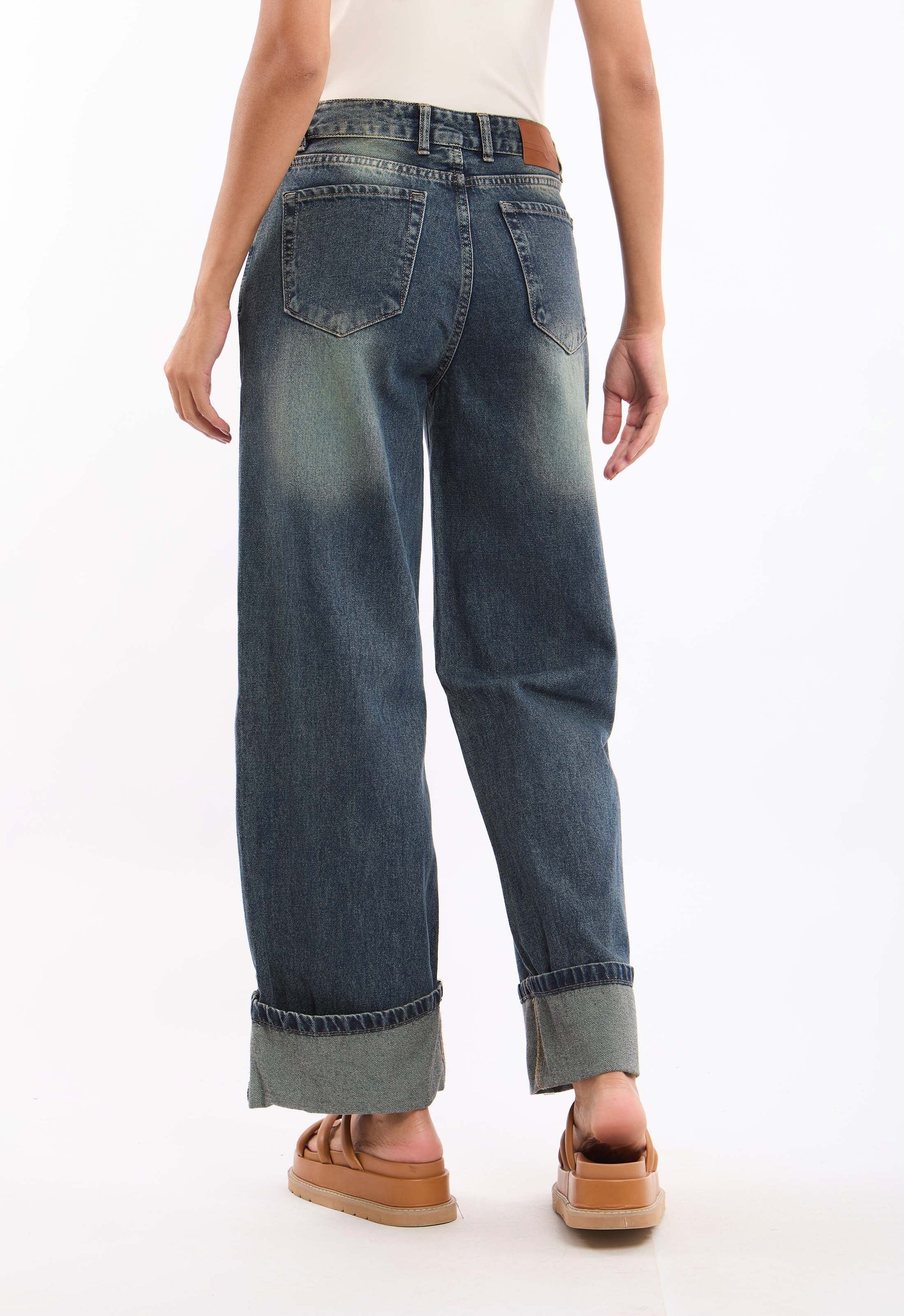 Cuffed Wide Straight Denim Pants with Turned Hem