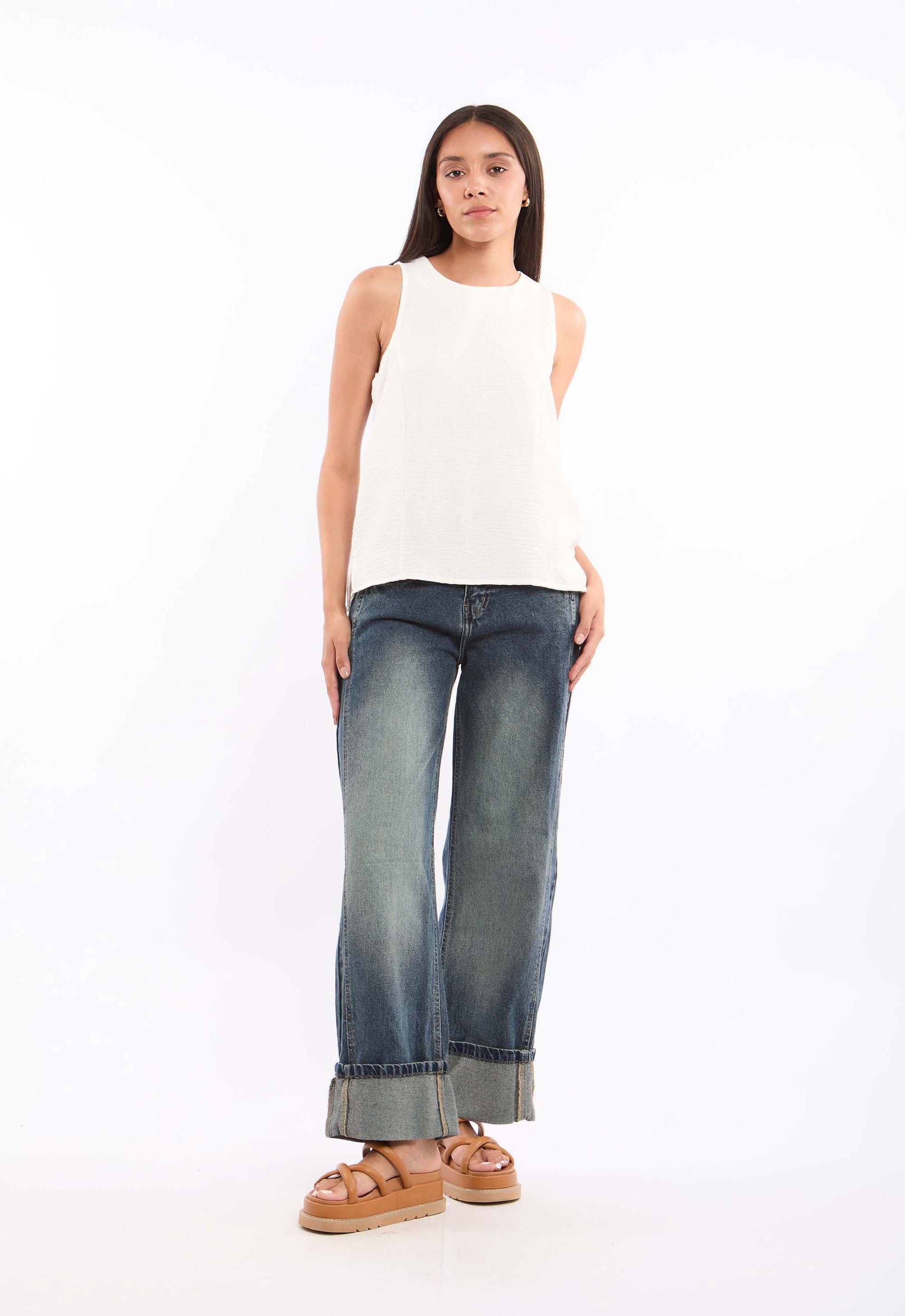 Cuffed Wide Straight Denim Pants with Turned Hem
