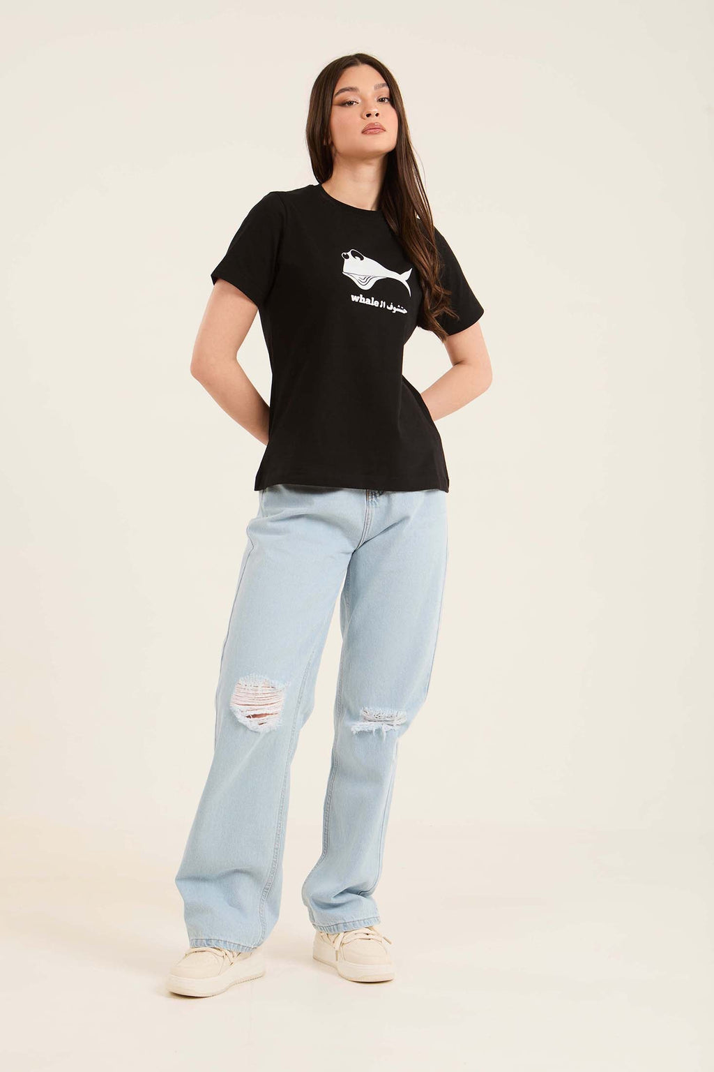 Relaxed Straight Denim Jeans with Distressed Knees