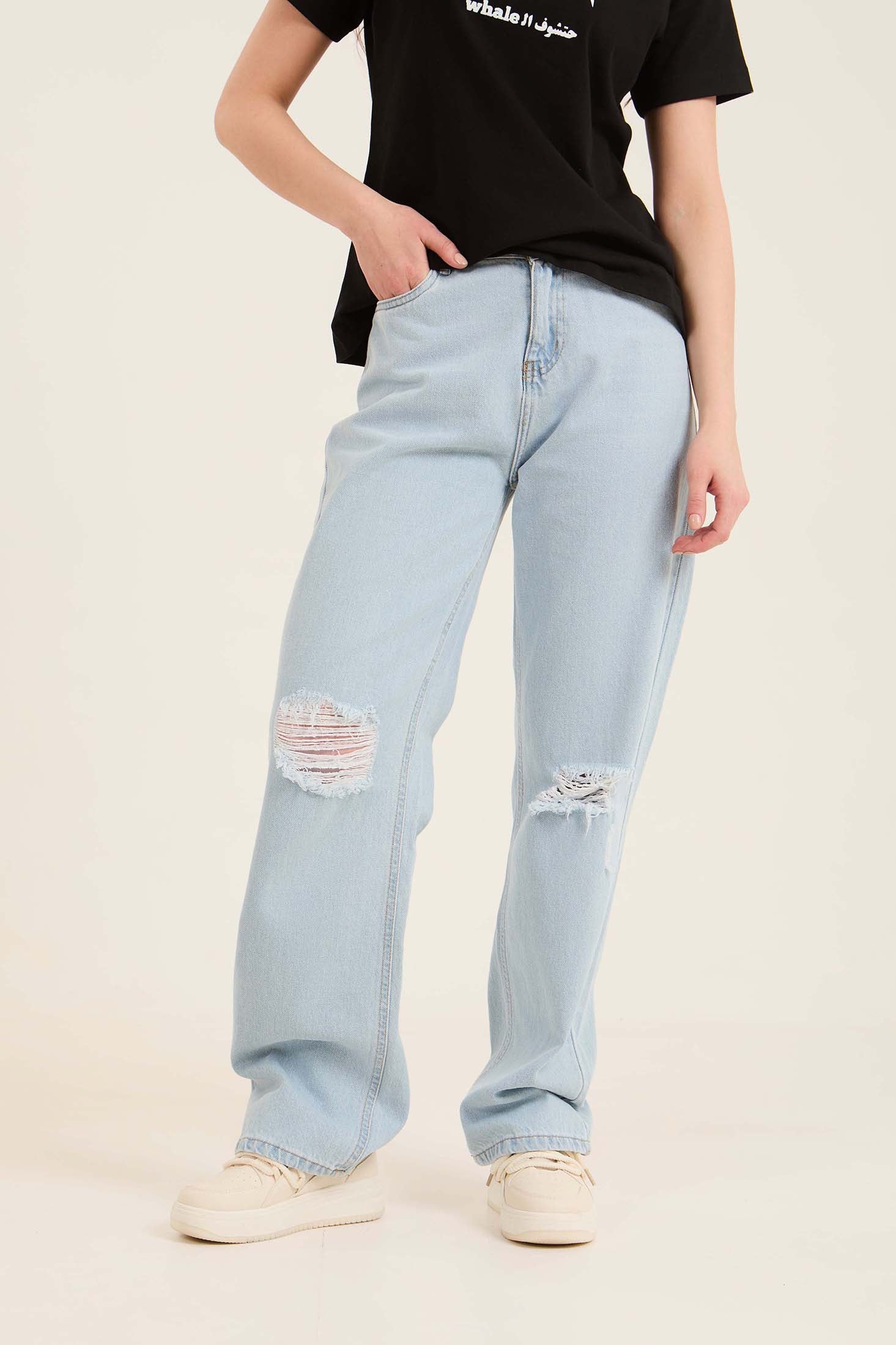 Relaxed Straight Denim Jeans with Distressed Knees