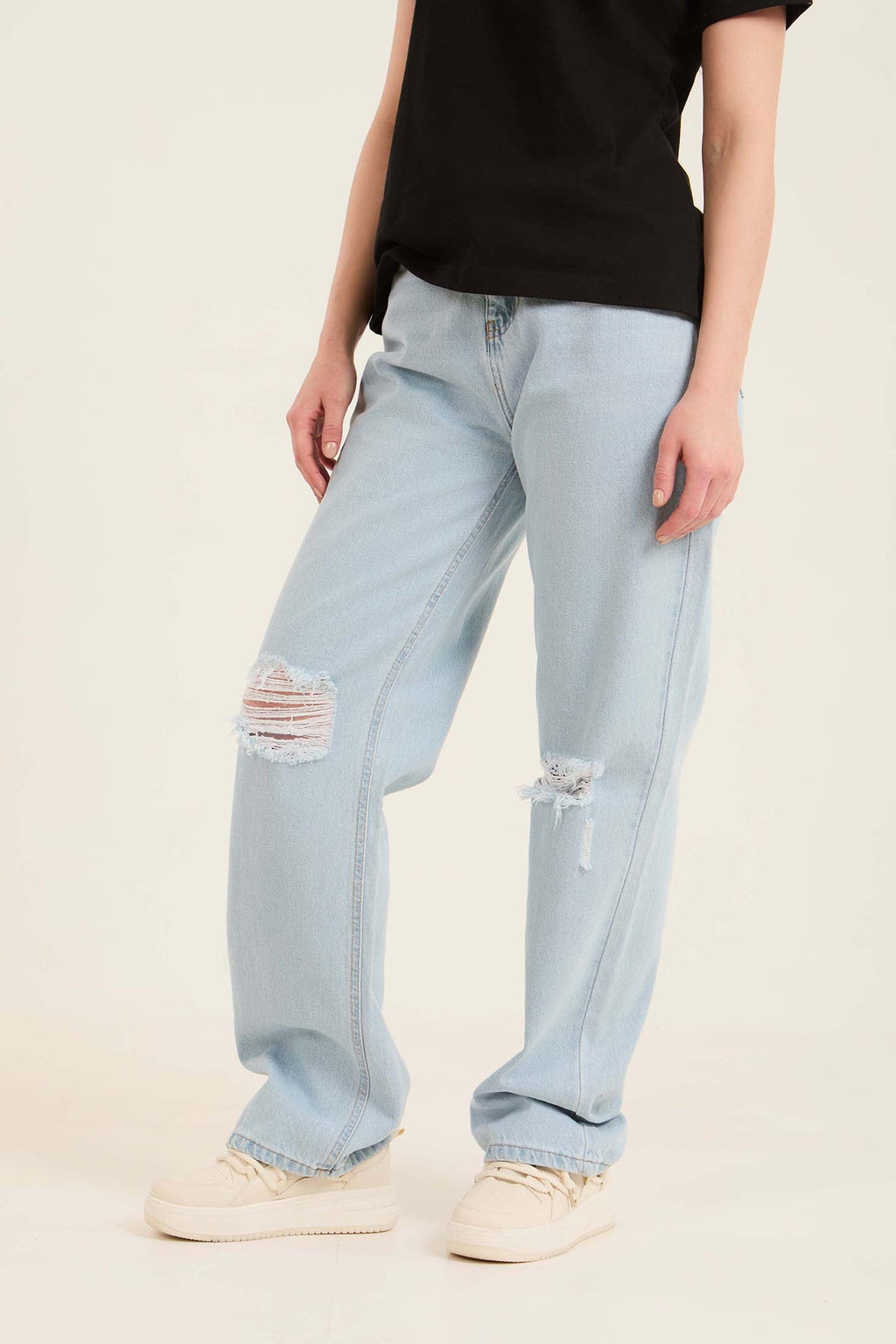 Relaxed Straight Denim Jeans with Distressed Knees