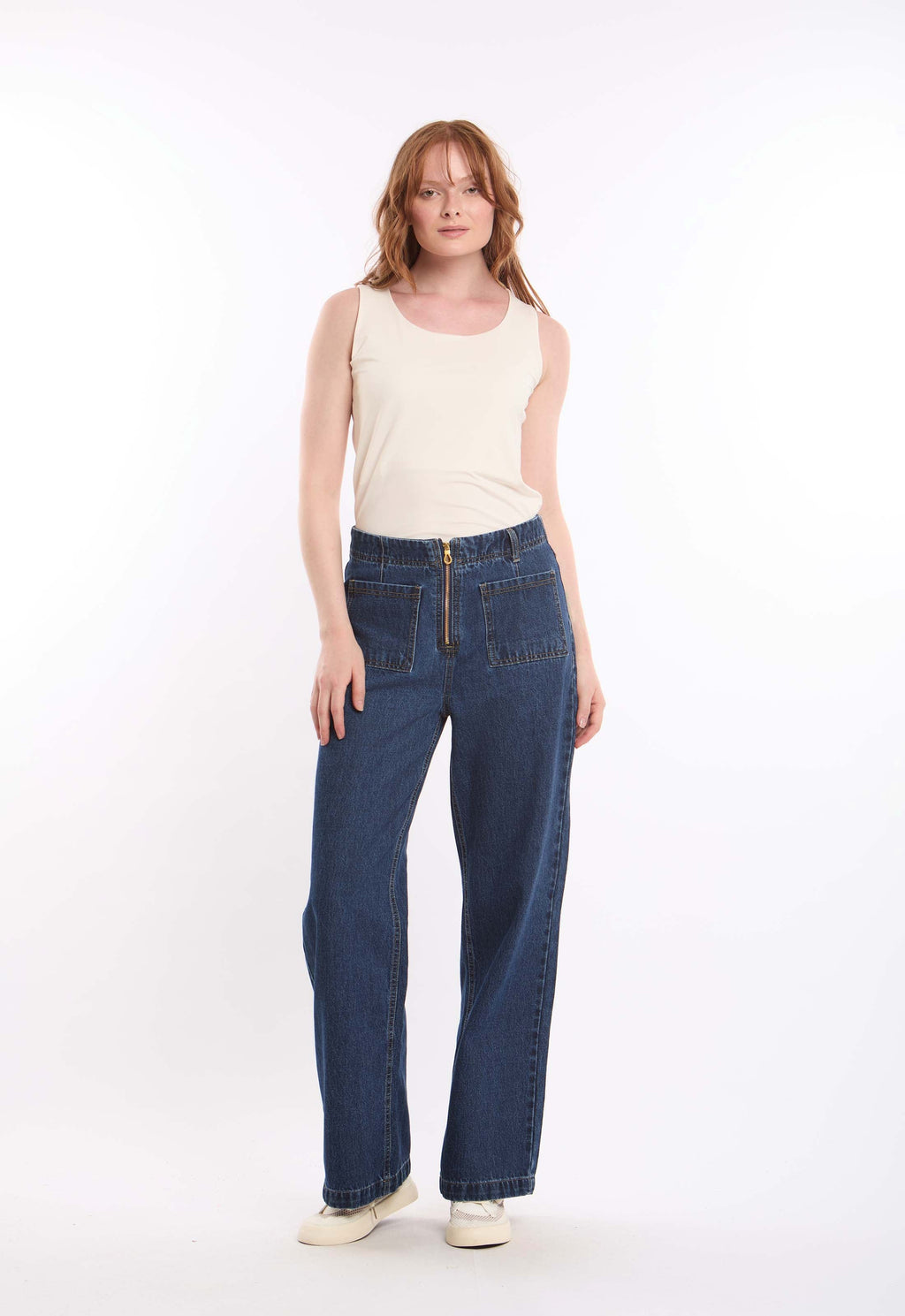 High-Waist Denim Pants with Front Patch Pockets