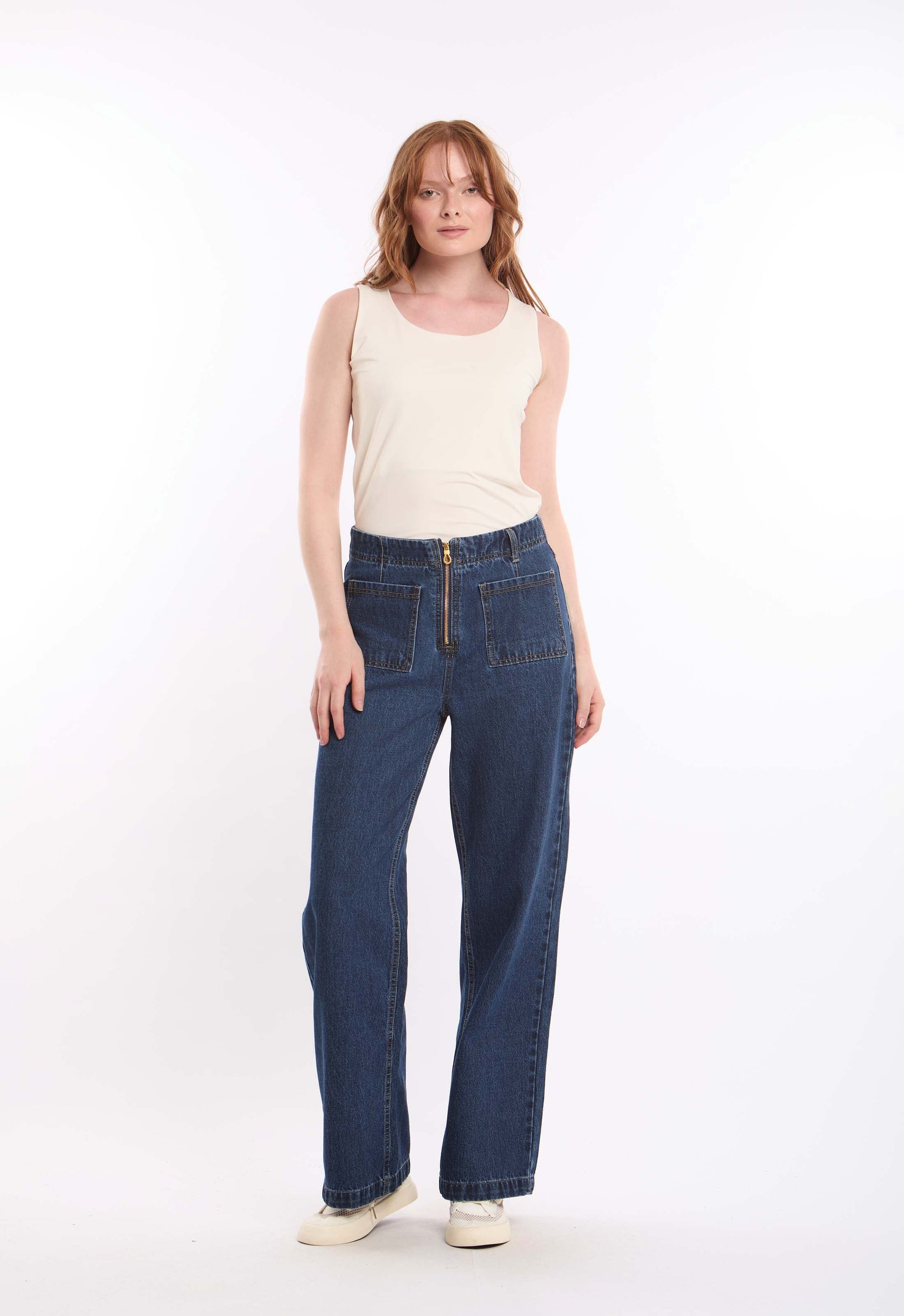 High-Waist Denim Pants with Front Patch Pockets