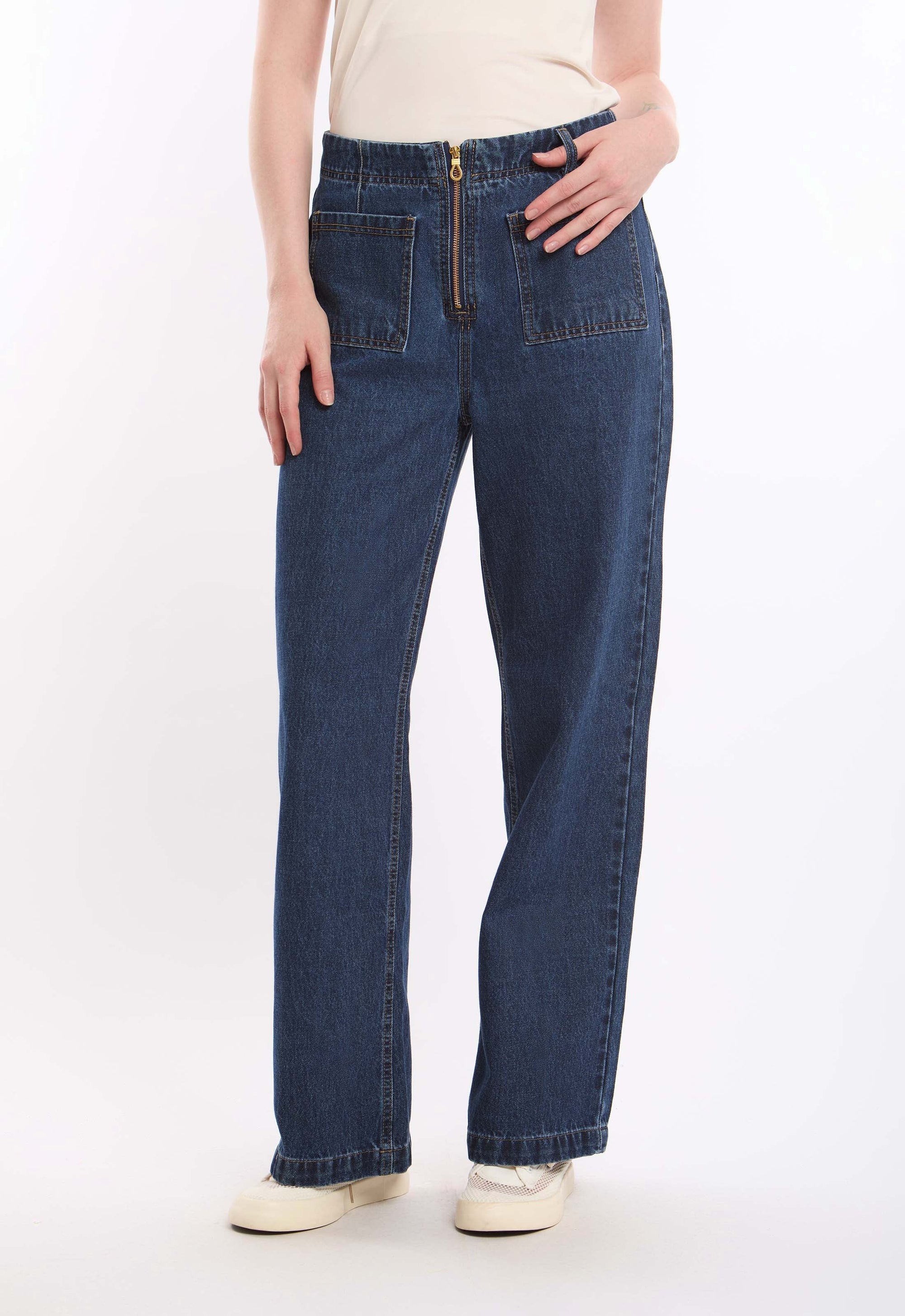 High-Waist Denim Pants with Front Patch Pockets