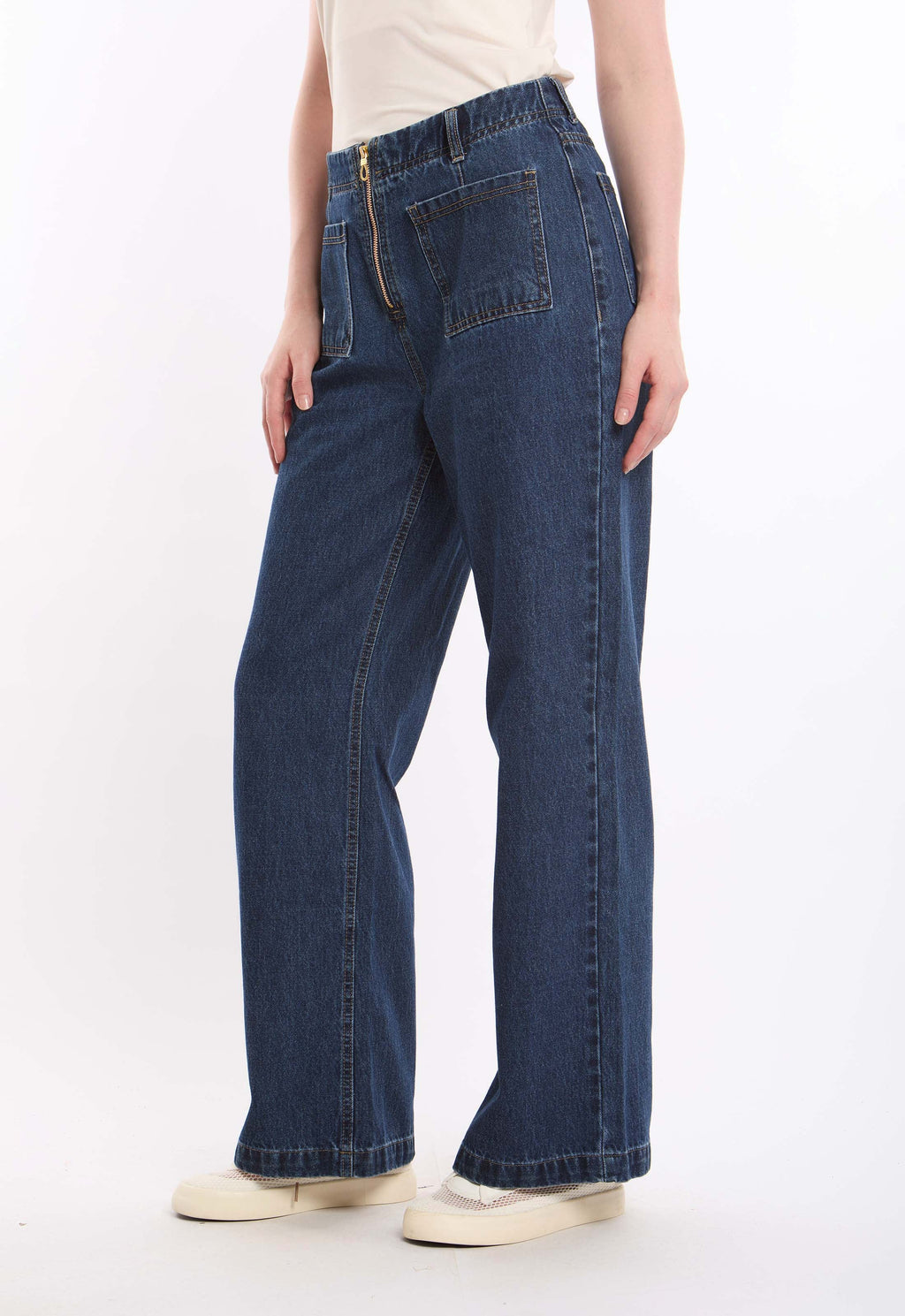 High-Waist Denim Pants with Front Patch Pockets