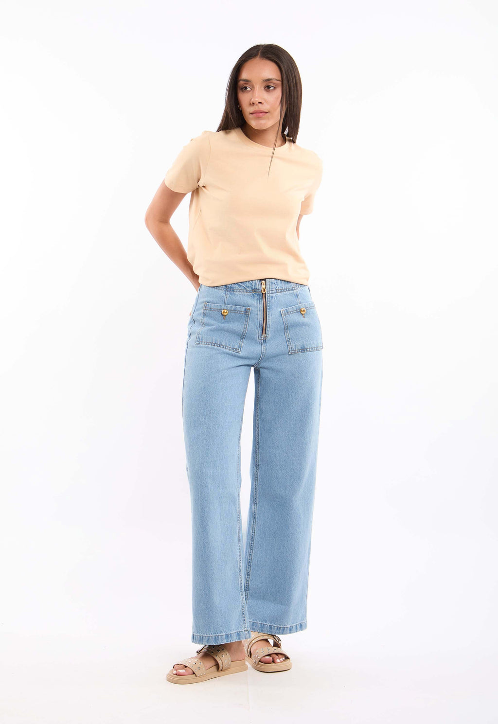 High-Waist Denim Pants with Front Patch Pockets