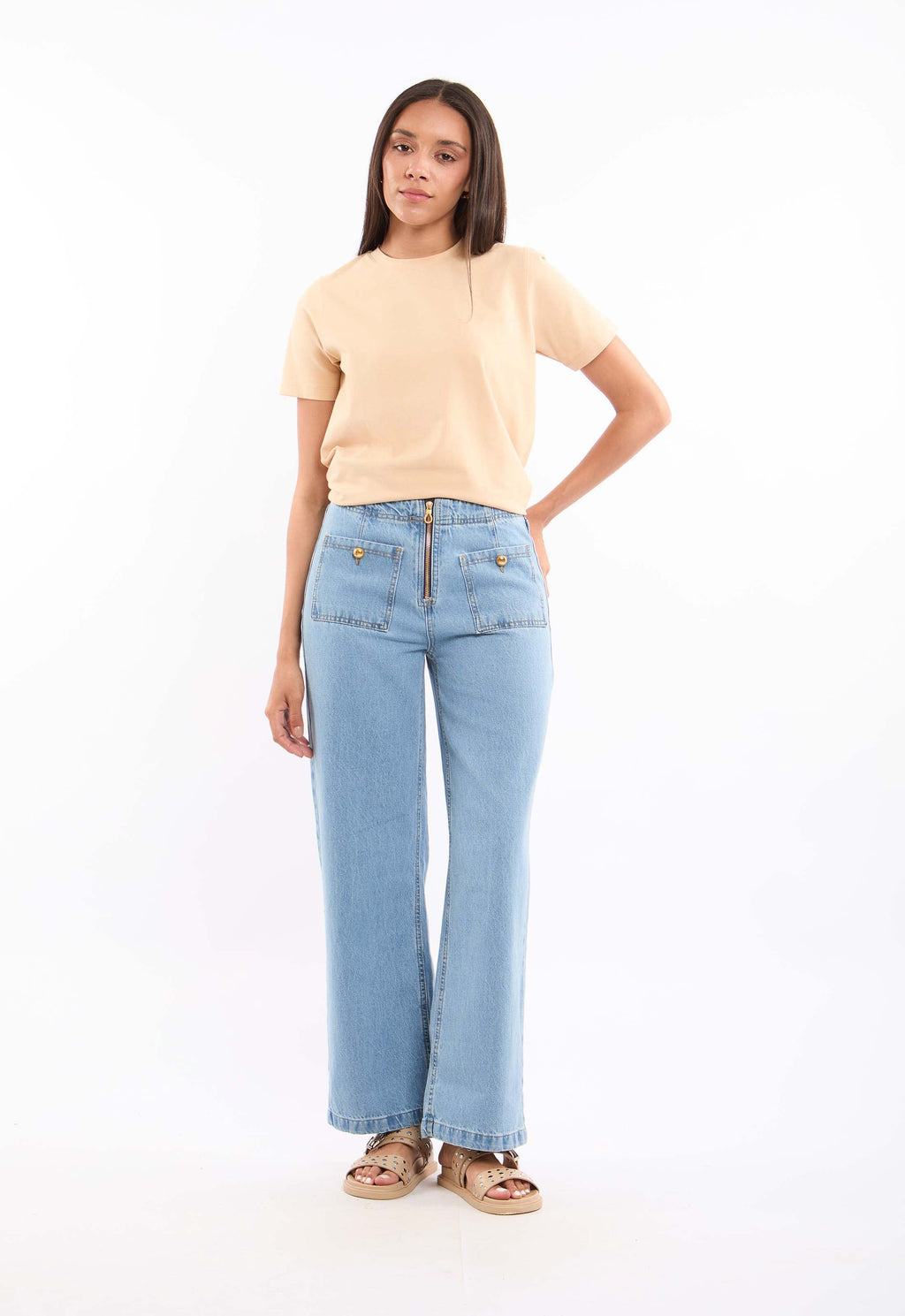 High-Waist Denim Pants with Front Patch Pockets