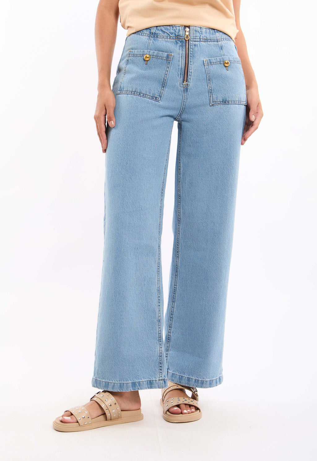 High-Waist Denim Pants with Front Patch Pockets