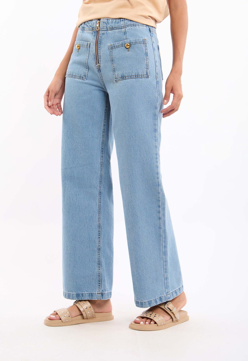 High-Waist Denim Pants with Front Patch Pockets