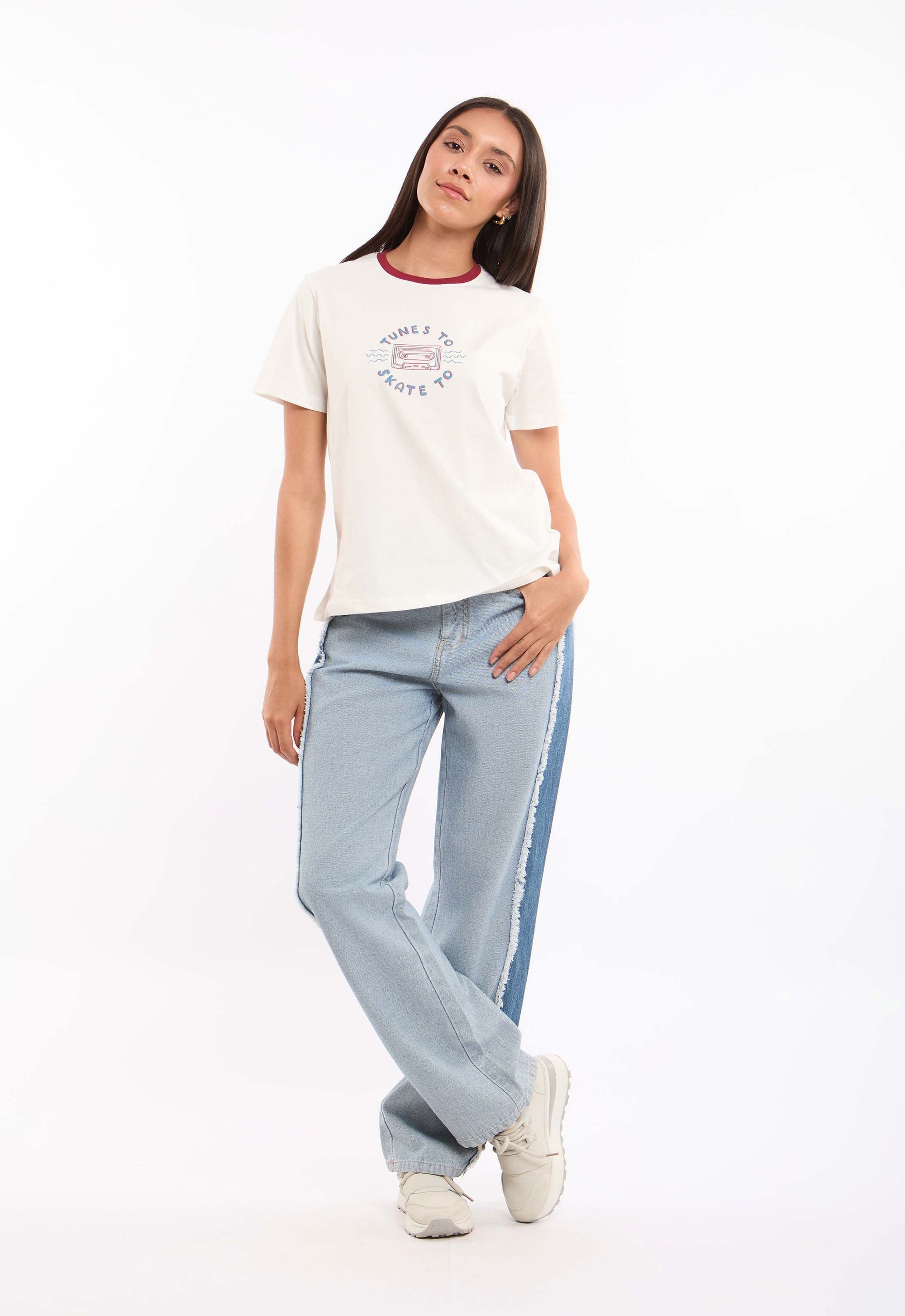 Straight Denim Pants with Side Panel Detail