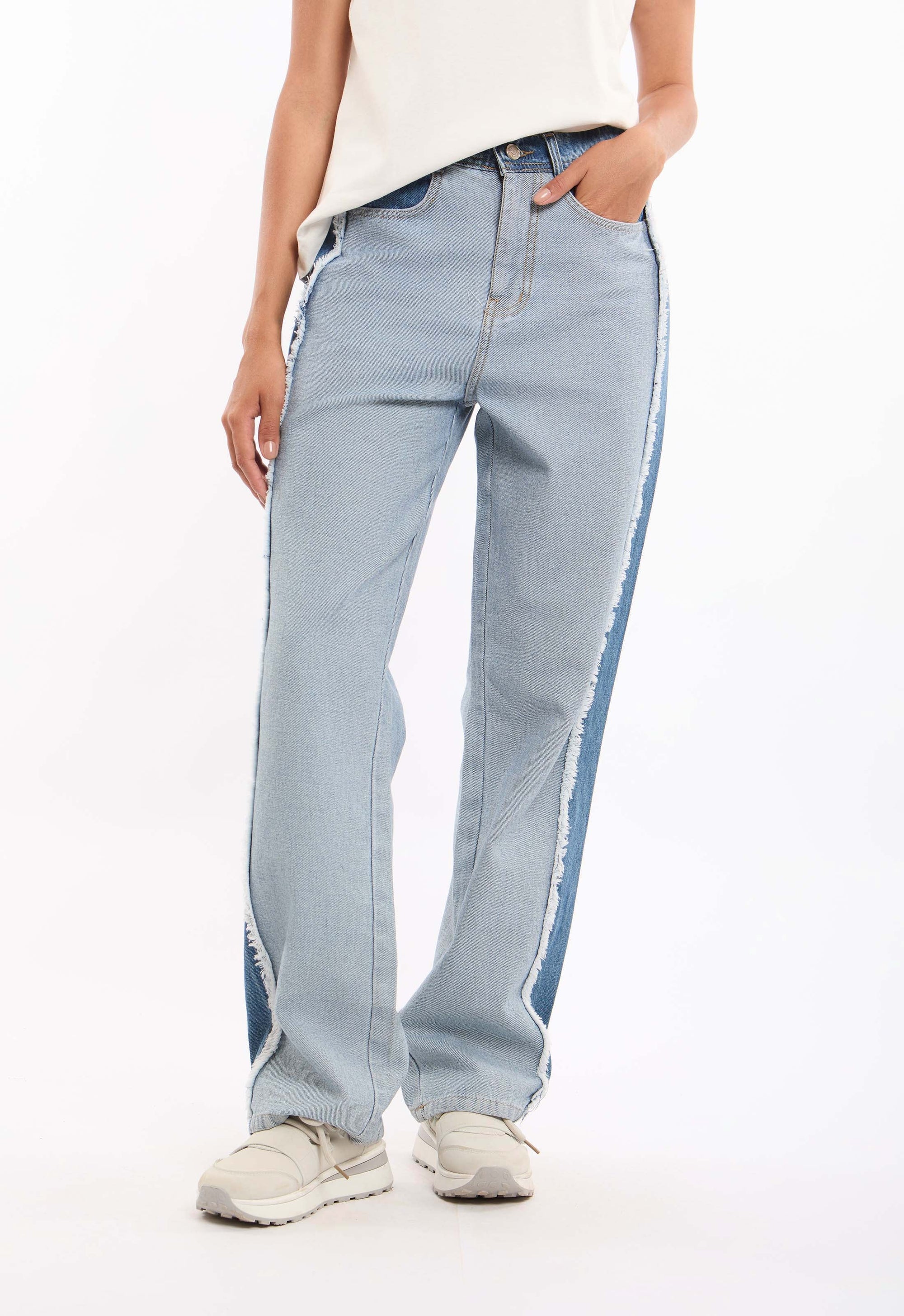 Straight Denim Pants with Side Panel Detail