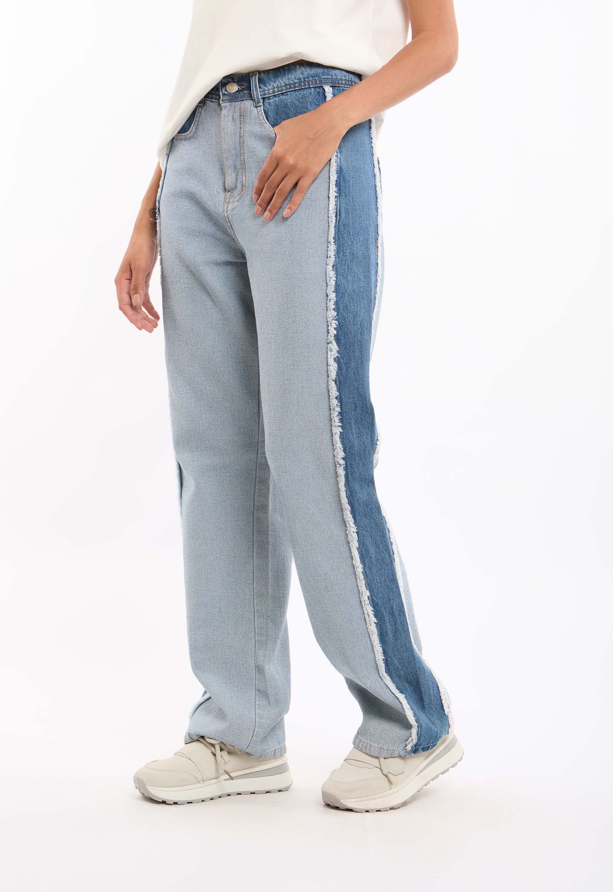 Straight Denim Pants with Side Panel Detail