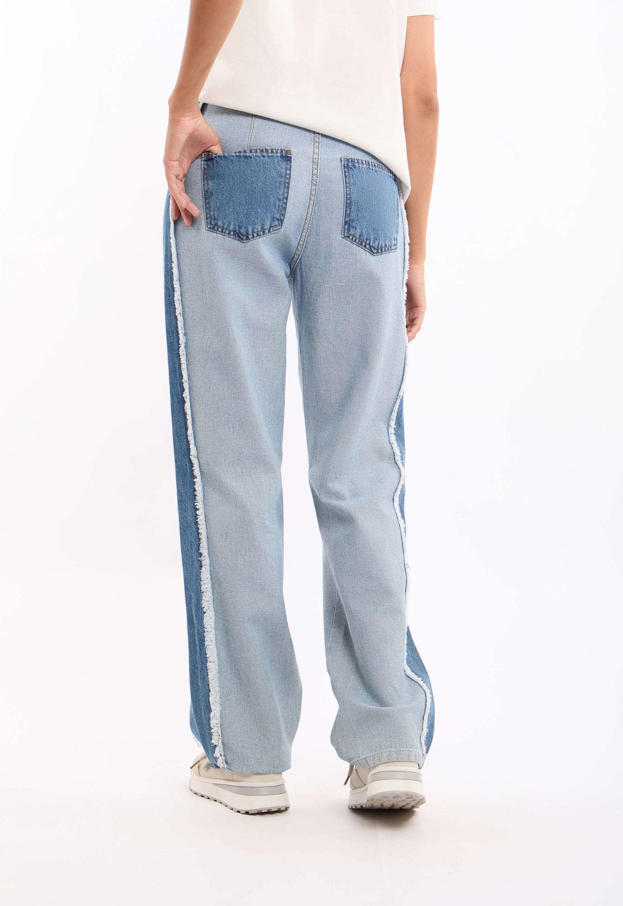 Straight Denim Pants with Side Panel Detail