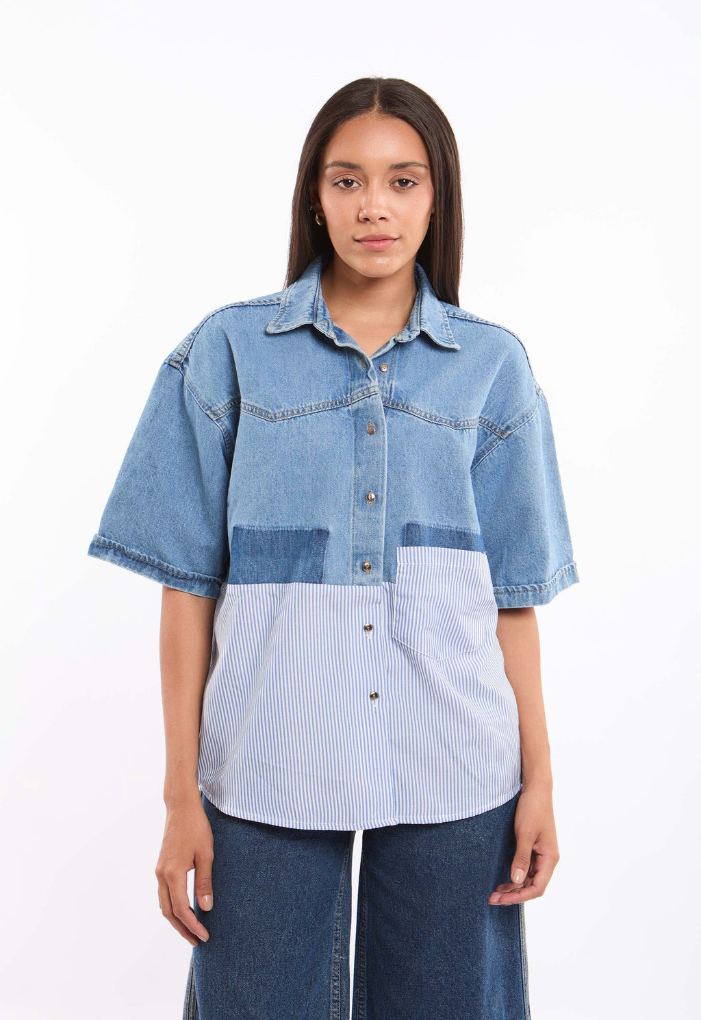 Relaxed Denim Cotton Blouse with Striped Hem
