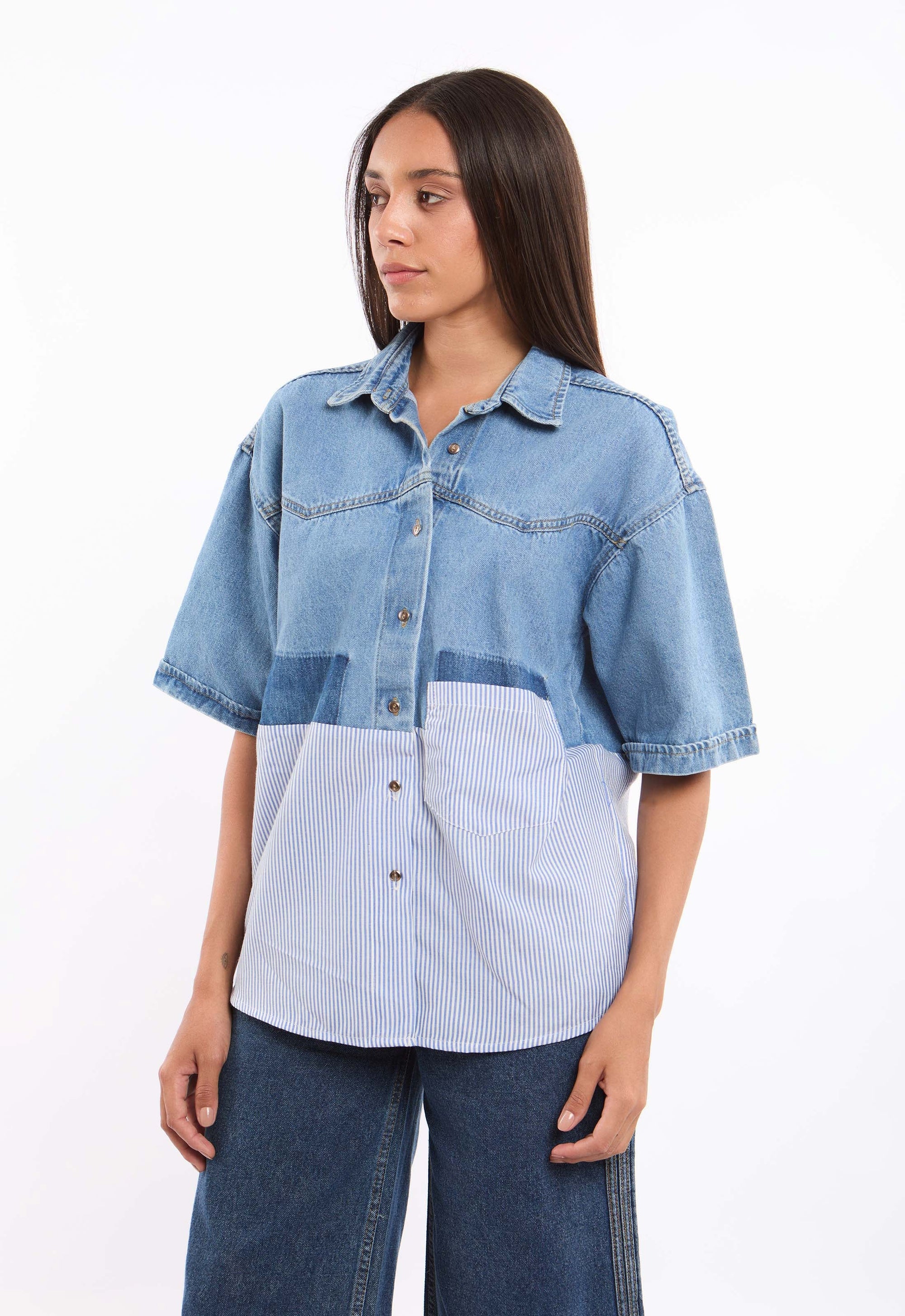 Relaxed Denim Cotton Blouse with Striped Hem