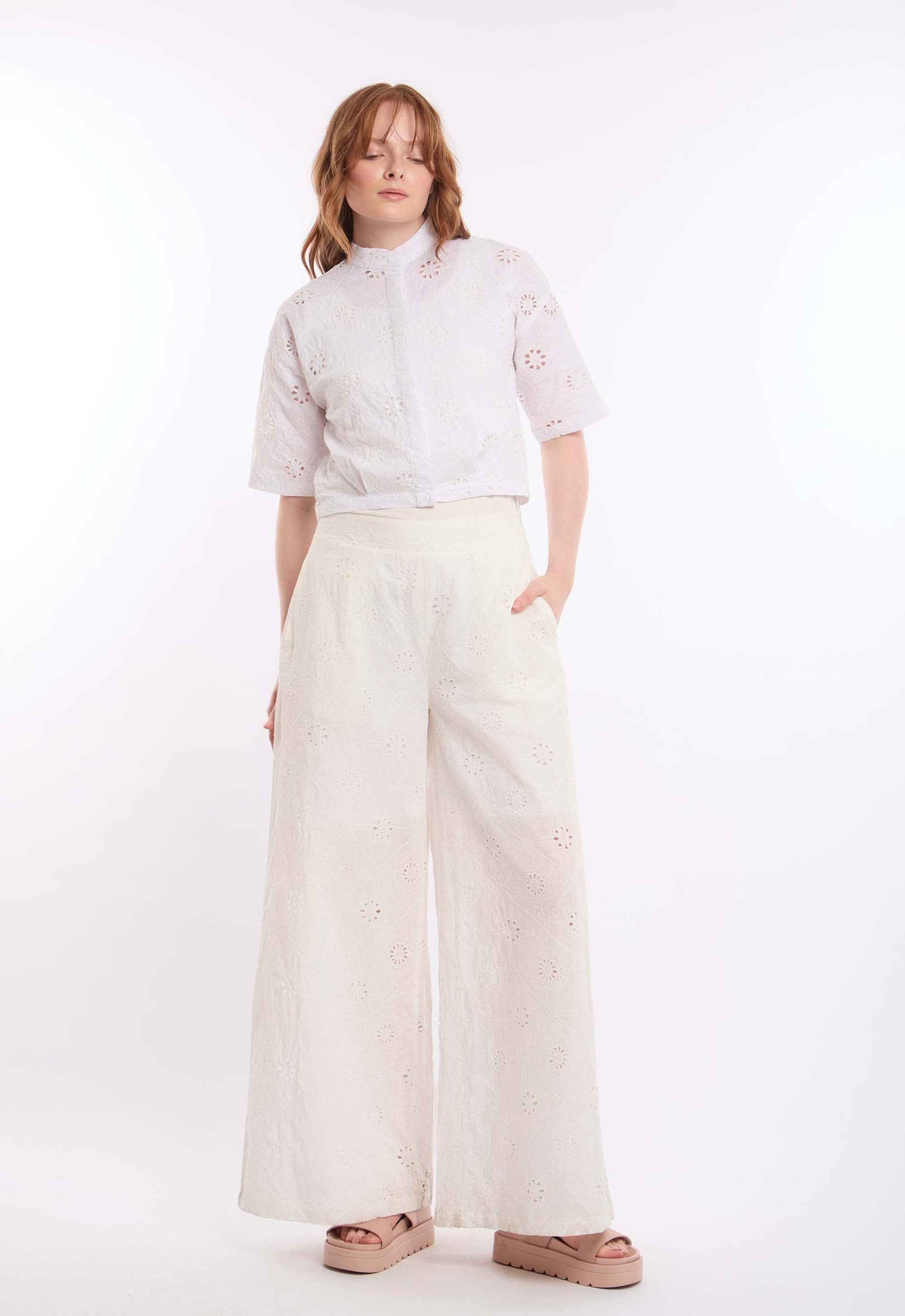 Eyelet Embroidered Wide-Leg Pants