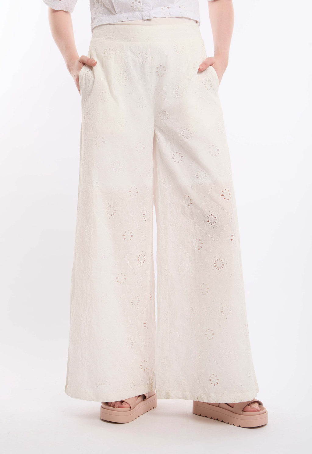 Eyelet Embroidered Wide-Leg Pants