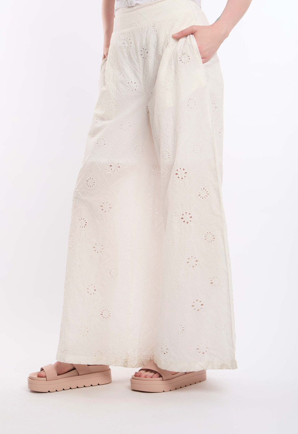 Eyelet Embroidered Wide-Leg Pants