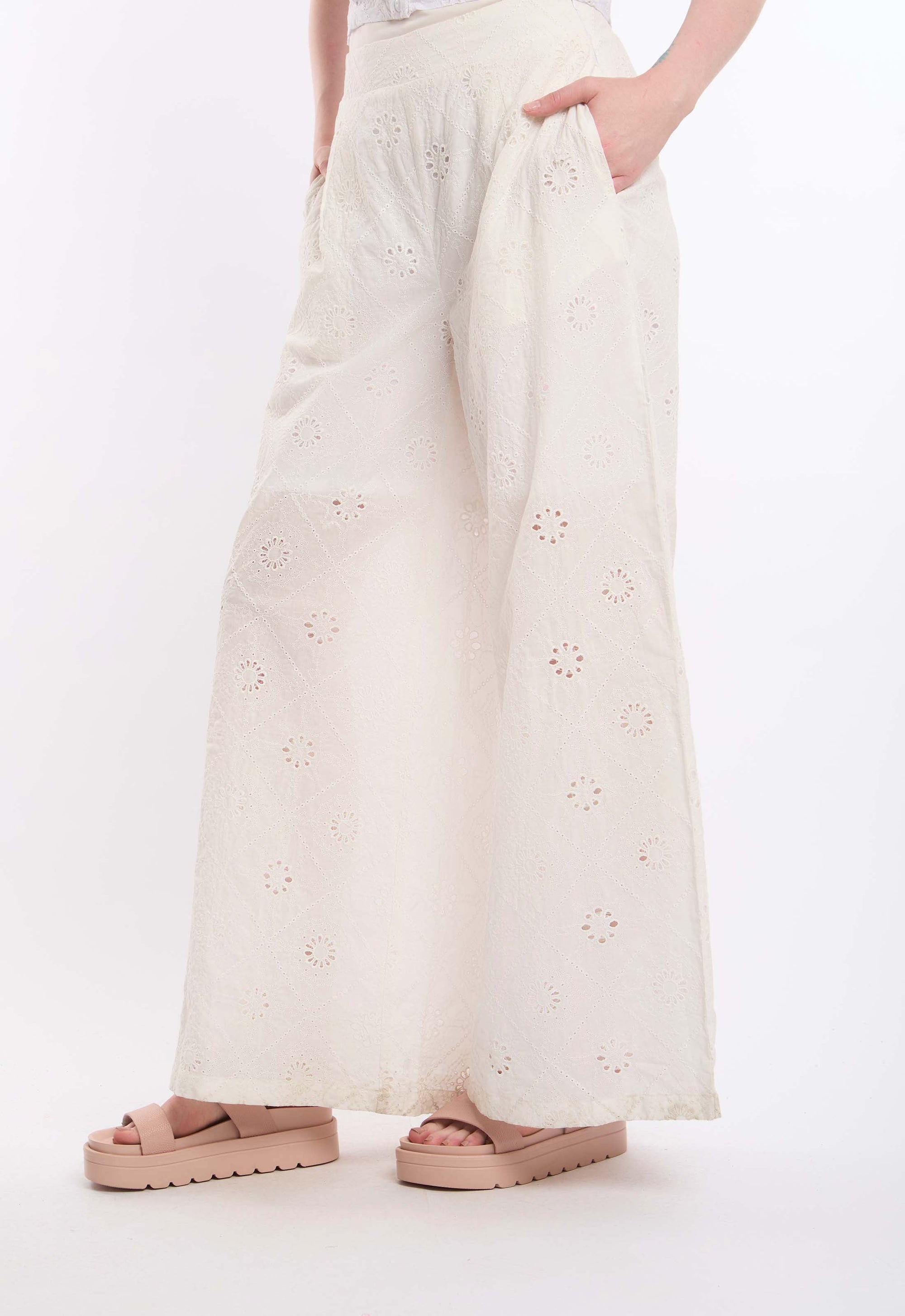 Eyelet Embroidered Wide-Leg Pants