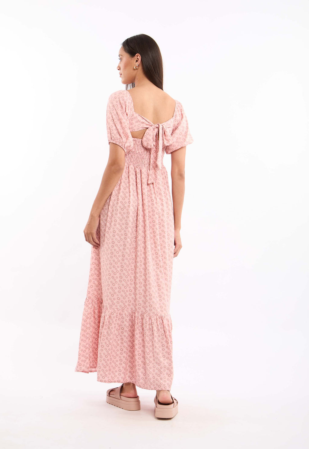 Floral Short Sleeves Feminine Dress with Back Bow