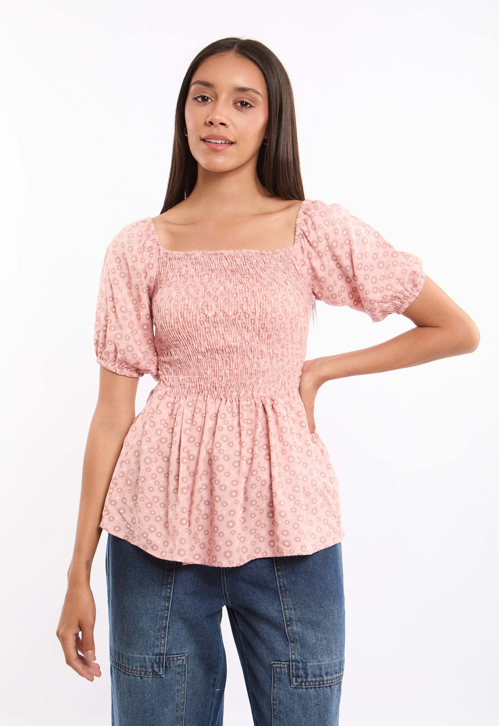 Smocked Floral Viscose Top with Puff Sleeves