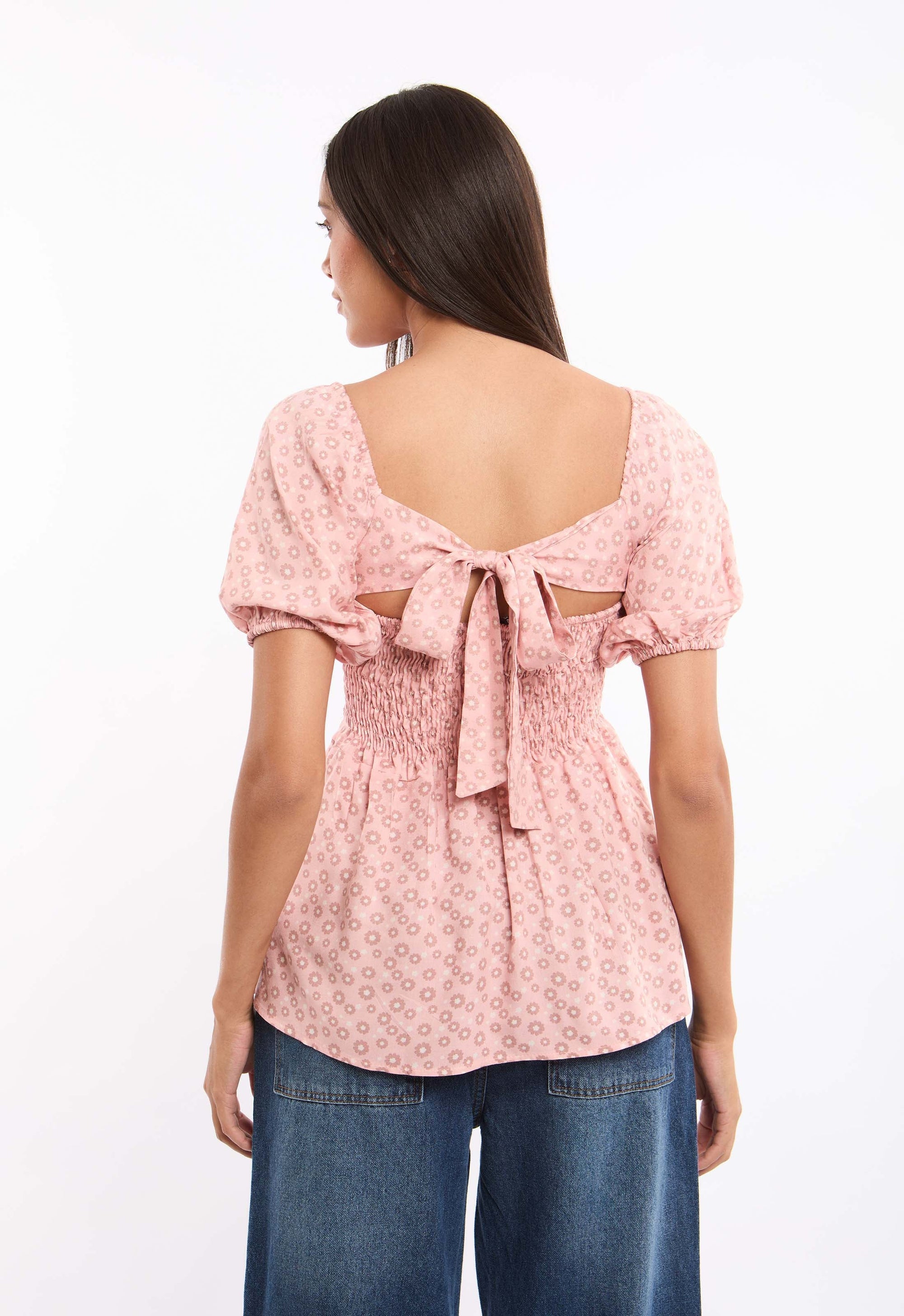 Smocked Floral Viscose Top with Puff Sleeves