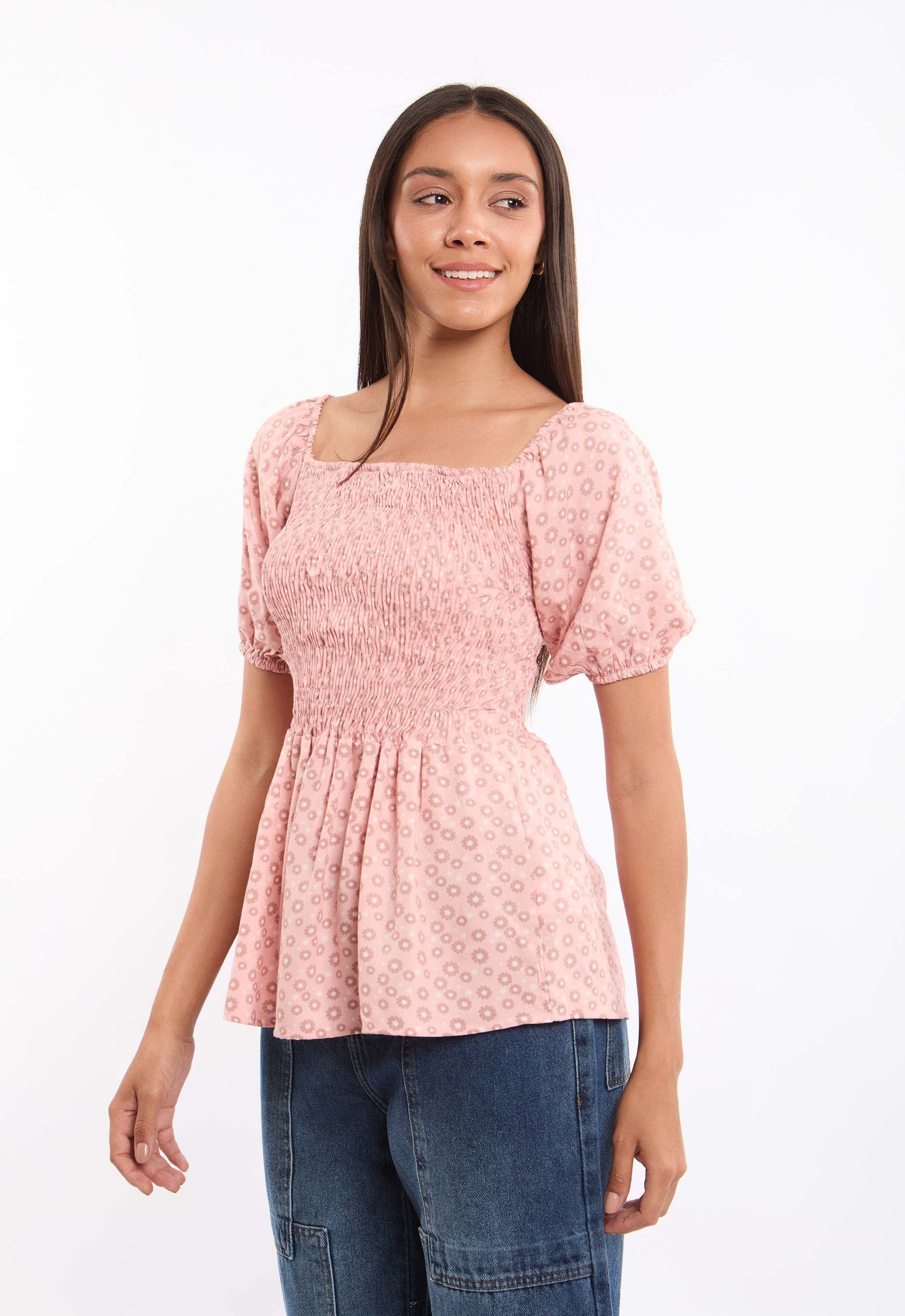 Smocked Floral Viscose Top with Puff Sleeves