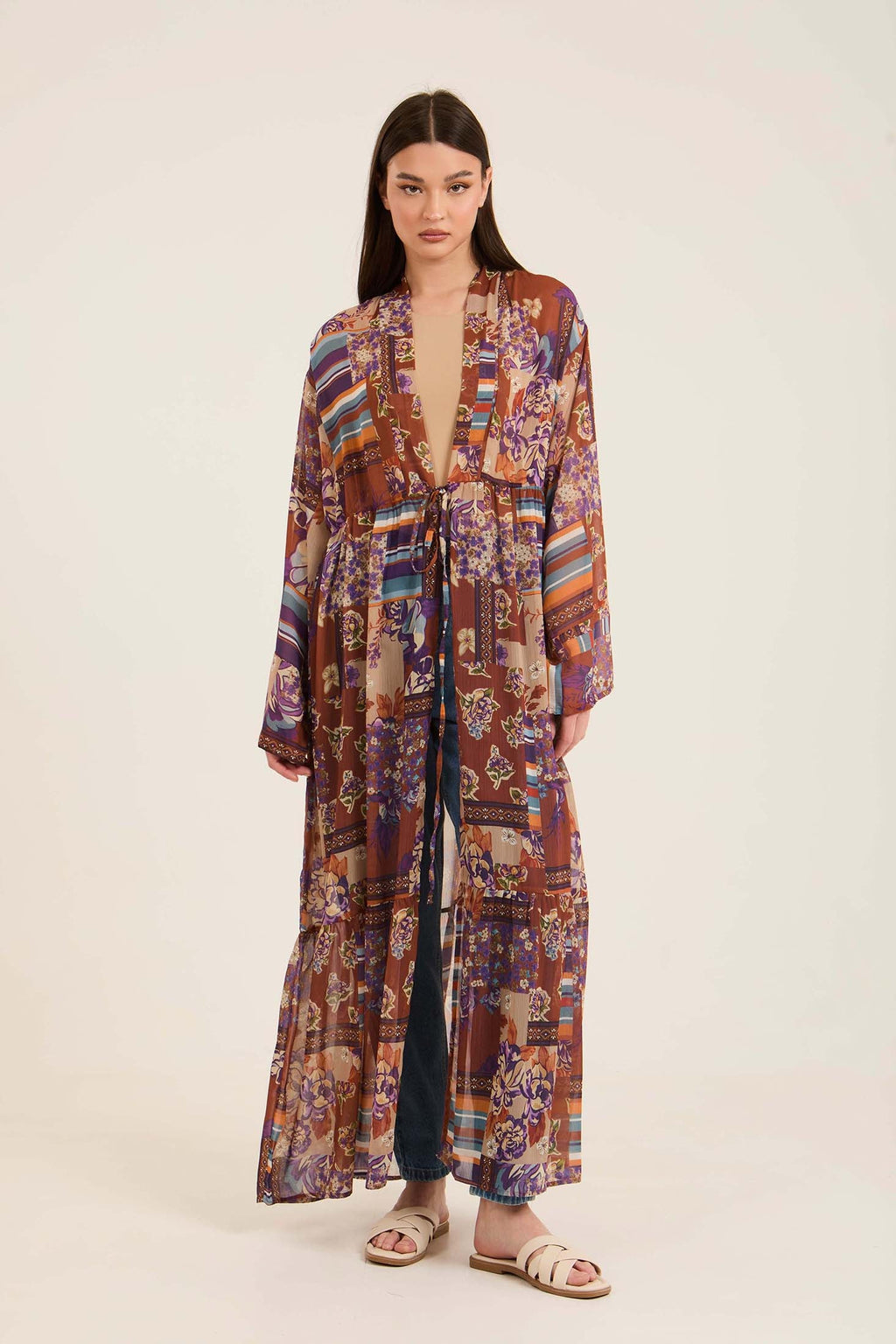Patterned Lightweight Lace-Up Long Kimono