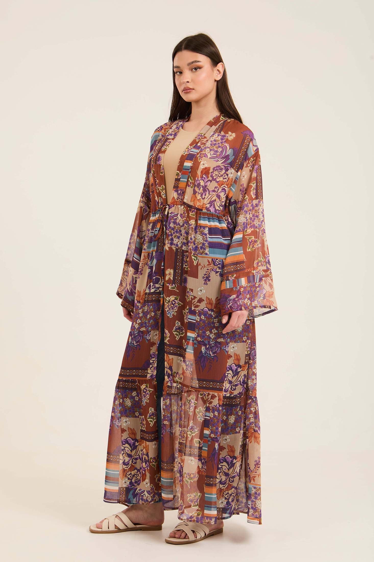 Patterned Lightweight Lace-Up Long Kimono
