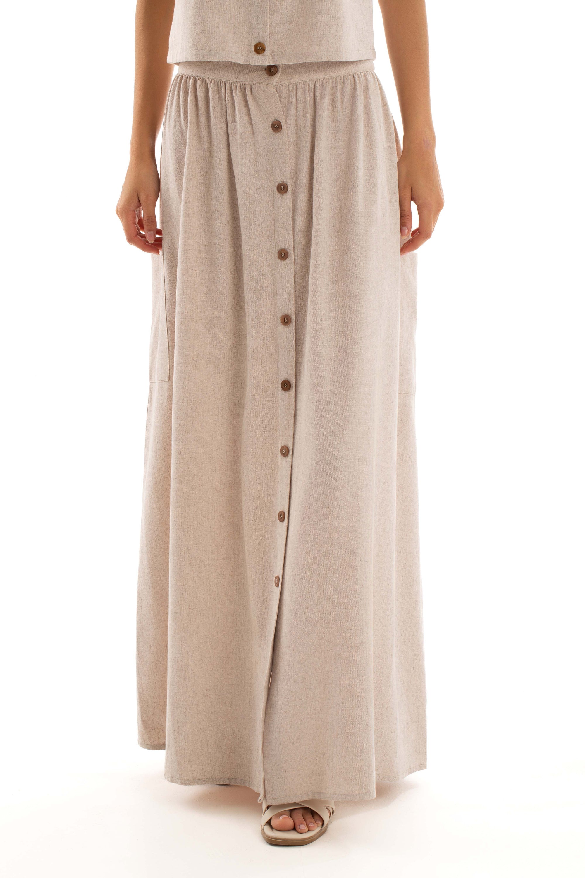 Buttoned Linen Skirt with Side Pocket