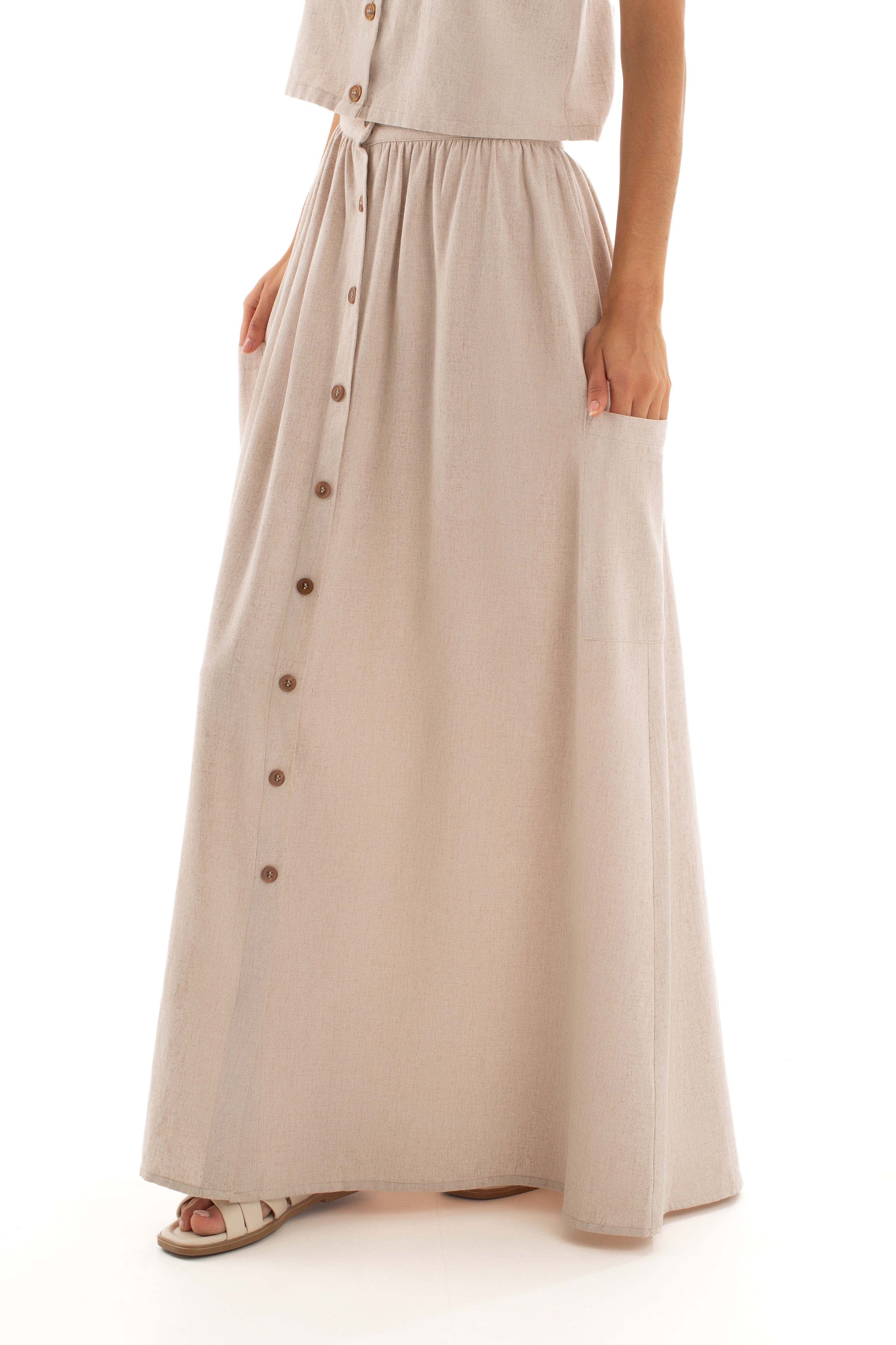 Buttoned Linen Skirt with Side Pocket